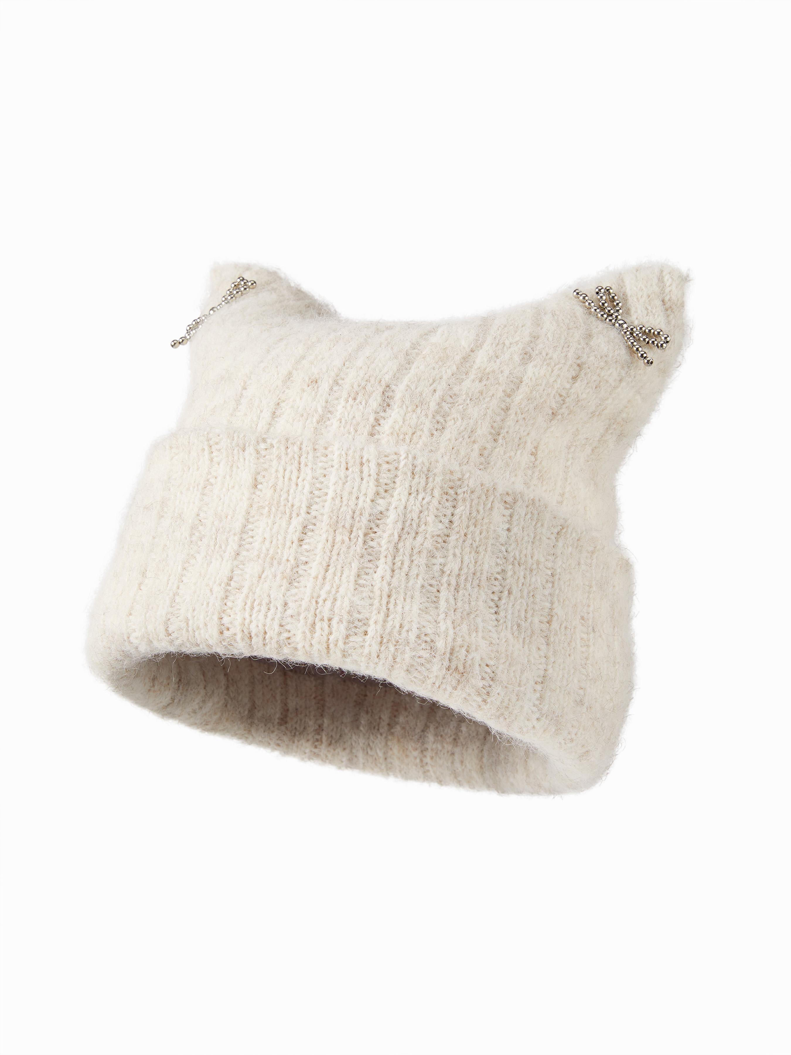 BOWKNOT DECOR CAT EAR KNITTED BEANIE HAT by CIDER