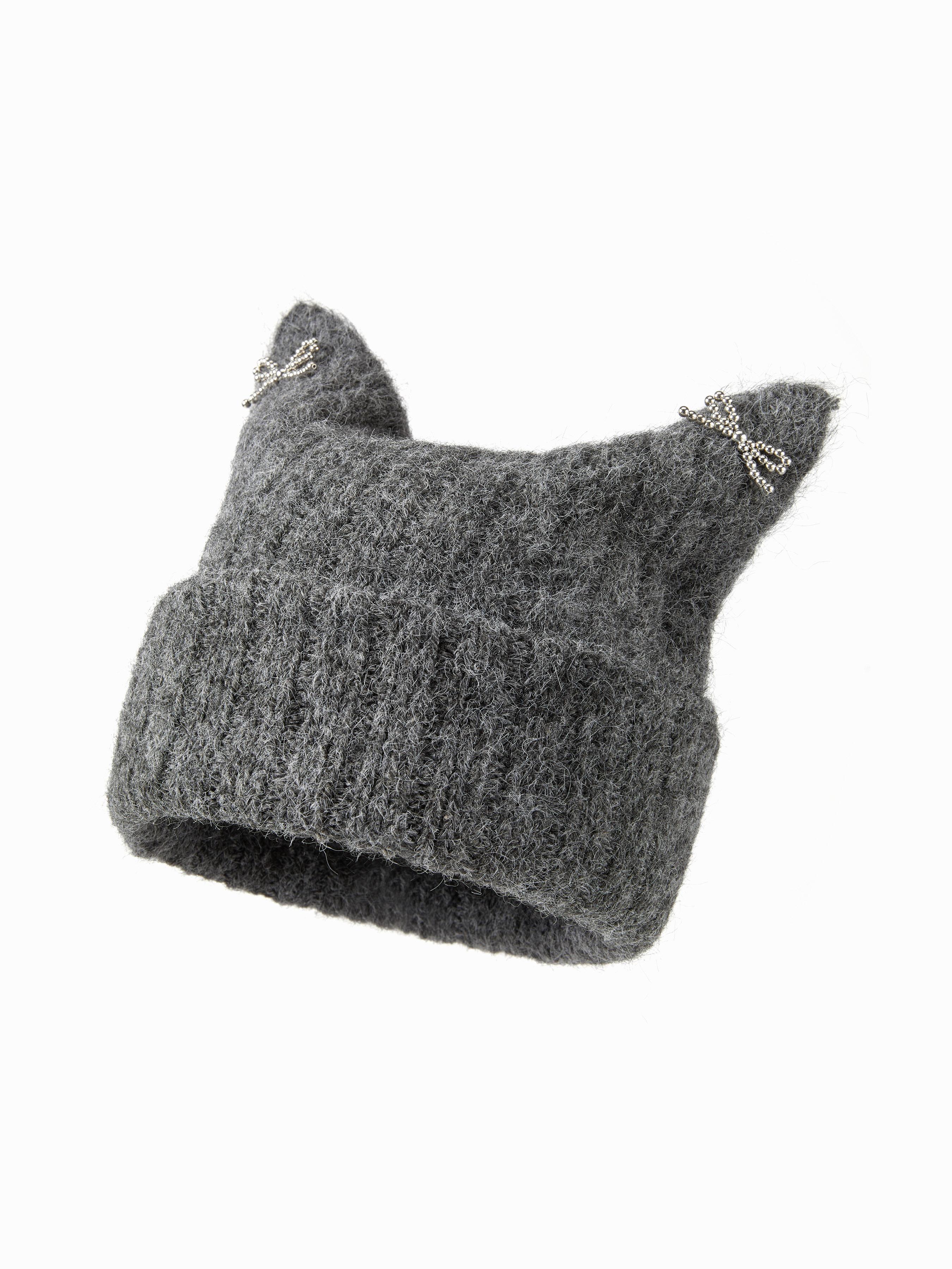 BOWKNOT DECOR CAT EAR KNITTED BEANIE HAT by CIDER