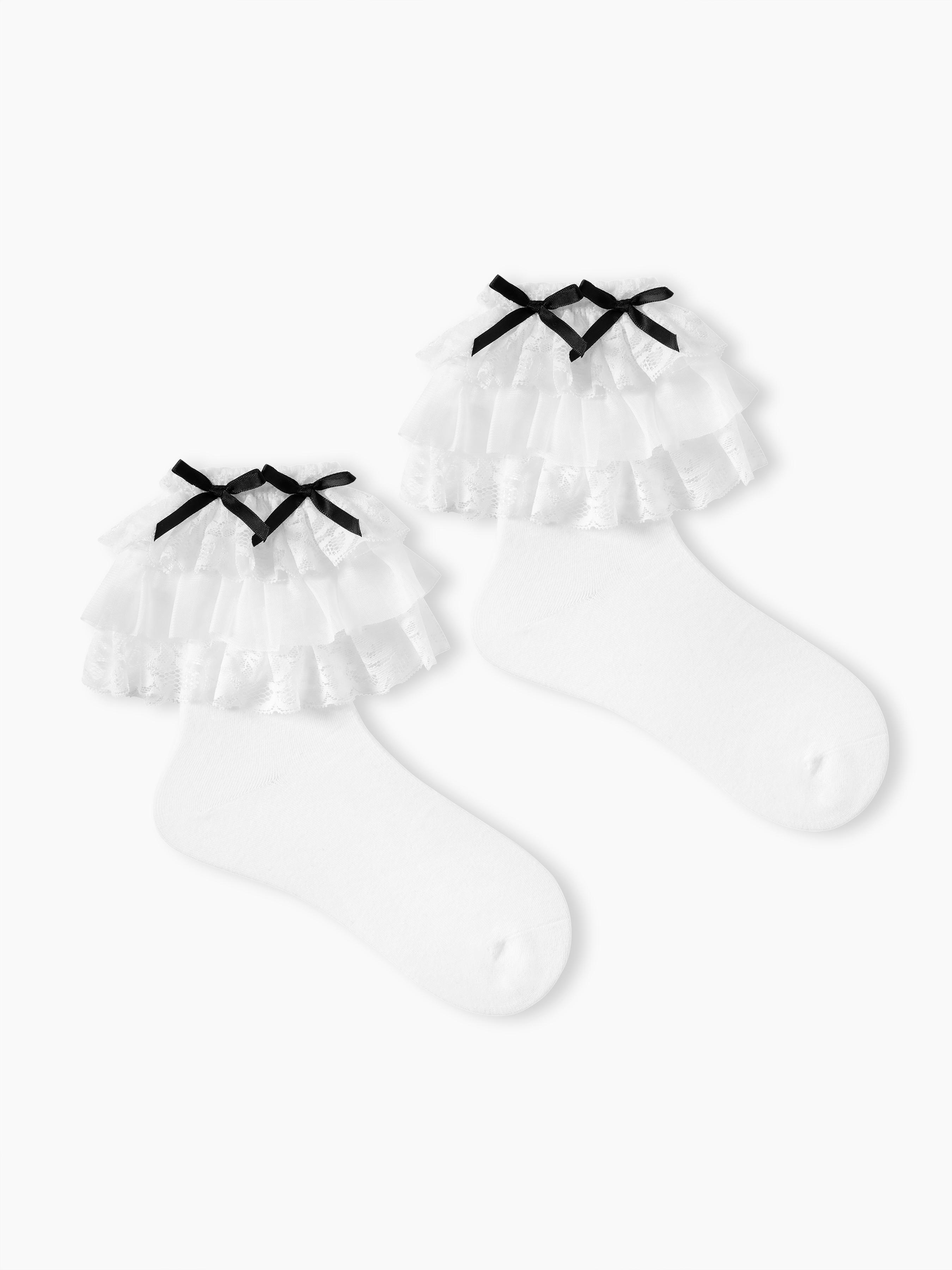 BOWKNOT & FLORAL LACE LAYERED CREW SOCKS by CIDER