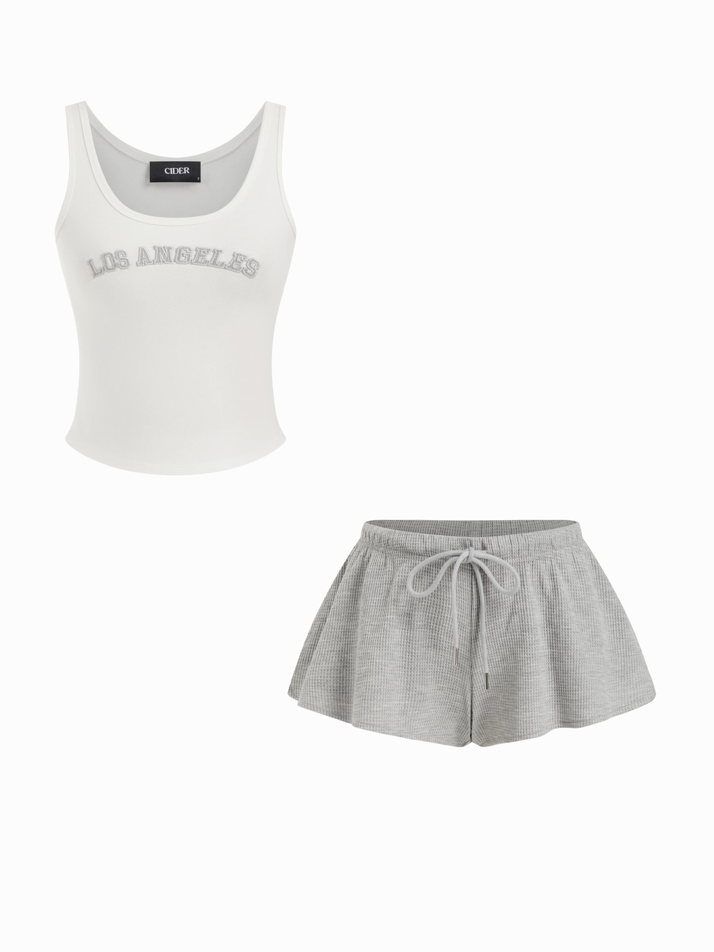 BROOKLYN Cotton-blend U-neckline Graphic Tank Top & Low Rise Knotted Wide Leg Shorts by CIDER BROOKLYN Cotton-blend U-neckline Graphic Tank Top & Low Rise Knotted Wide Leg Shorts by CIDER