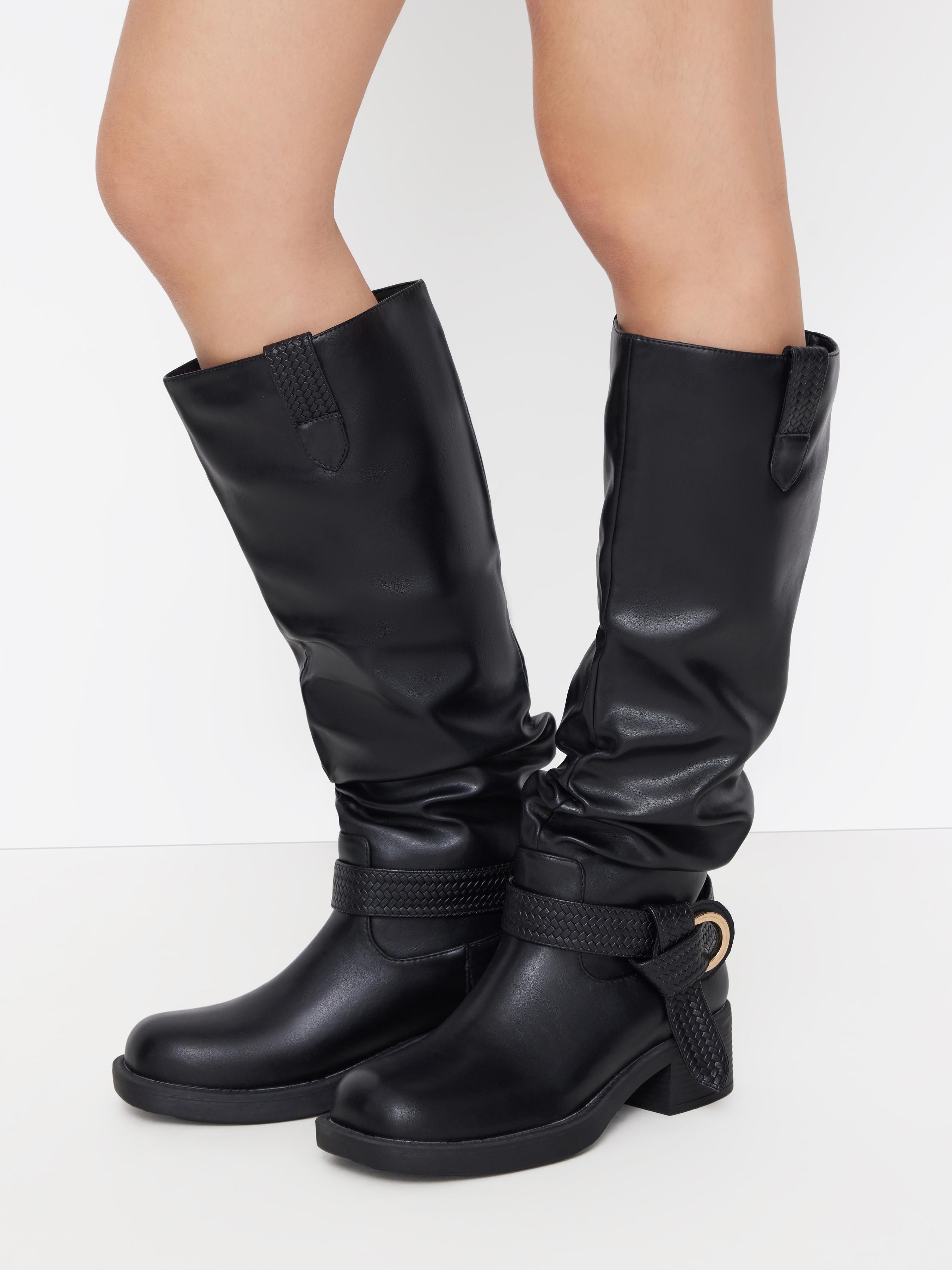 BUCKLE CHUNKY HEELED KNEE HIGH BOOTS by CIDER