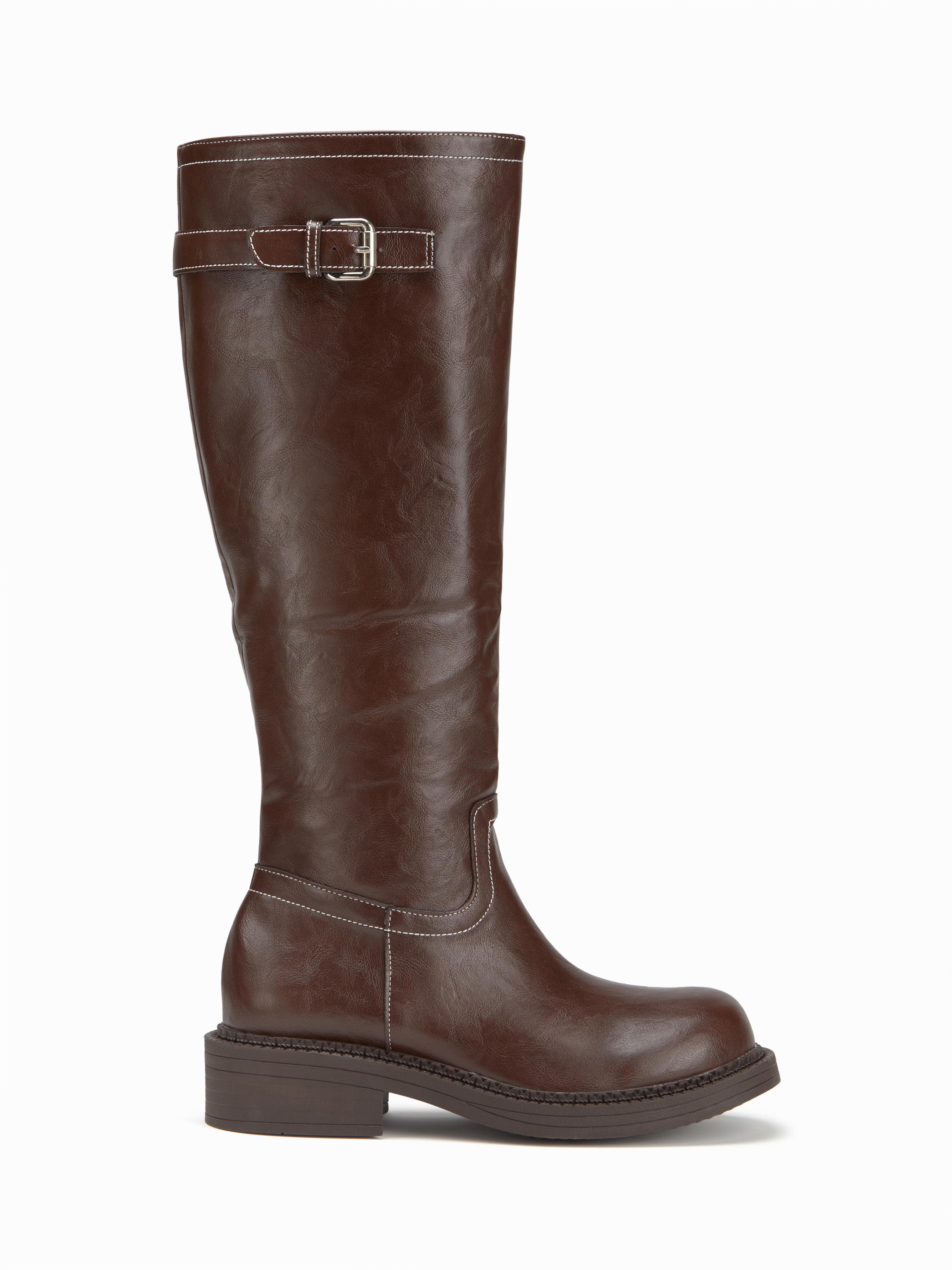 BUCKLE CHUNKY HEELED KNEE HIGH BOOTS by CIDER