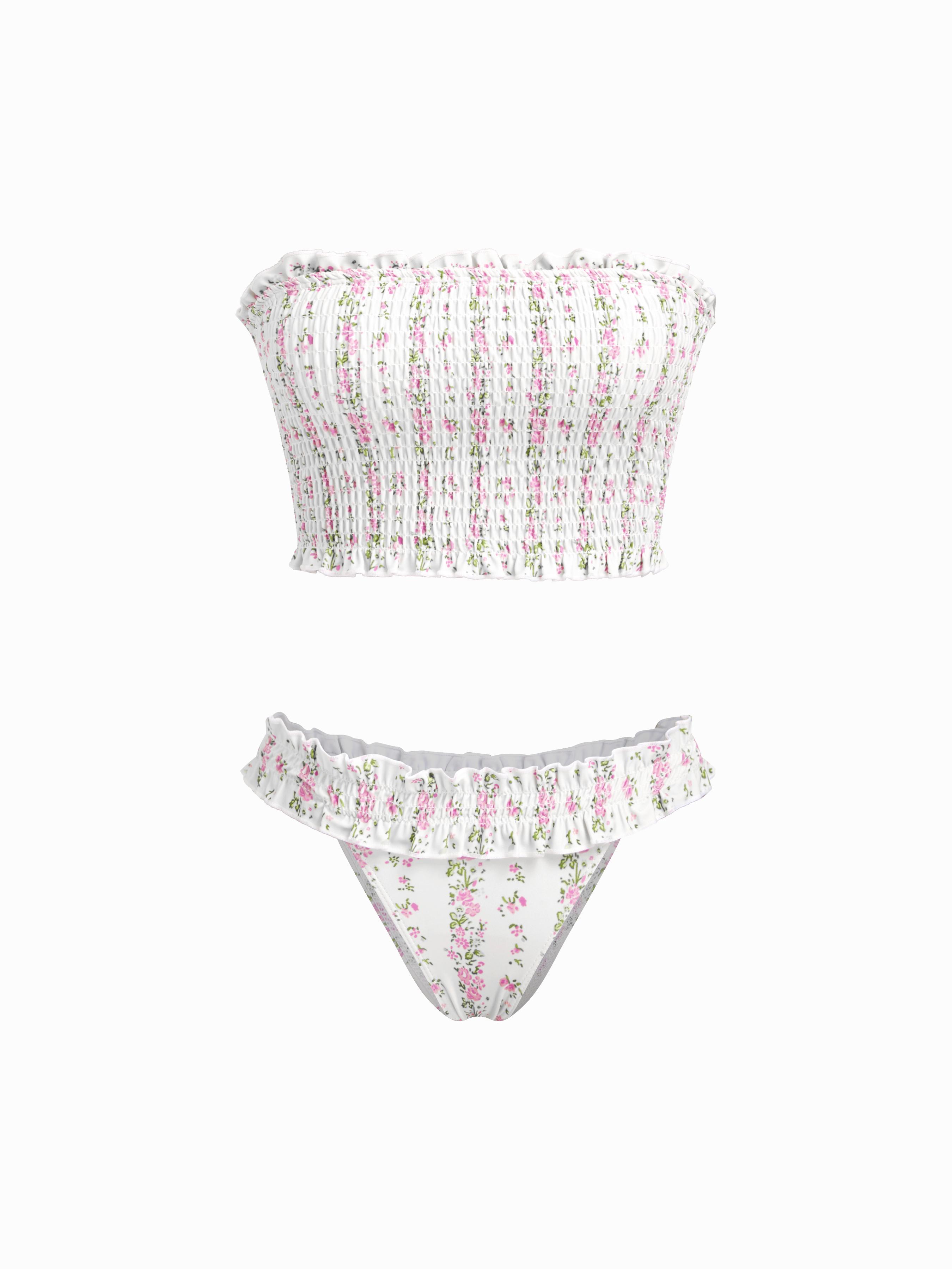 Bandeau Floral Shirred Lettuce Trim Bracelet Bikini Set by CIDER