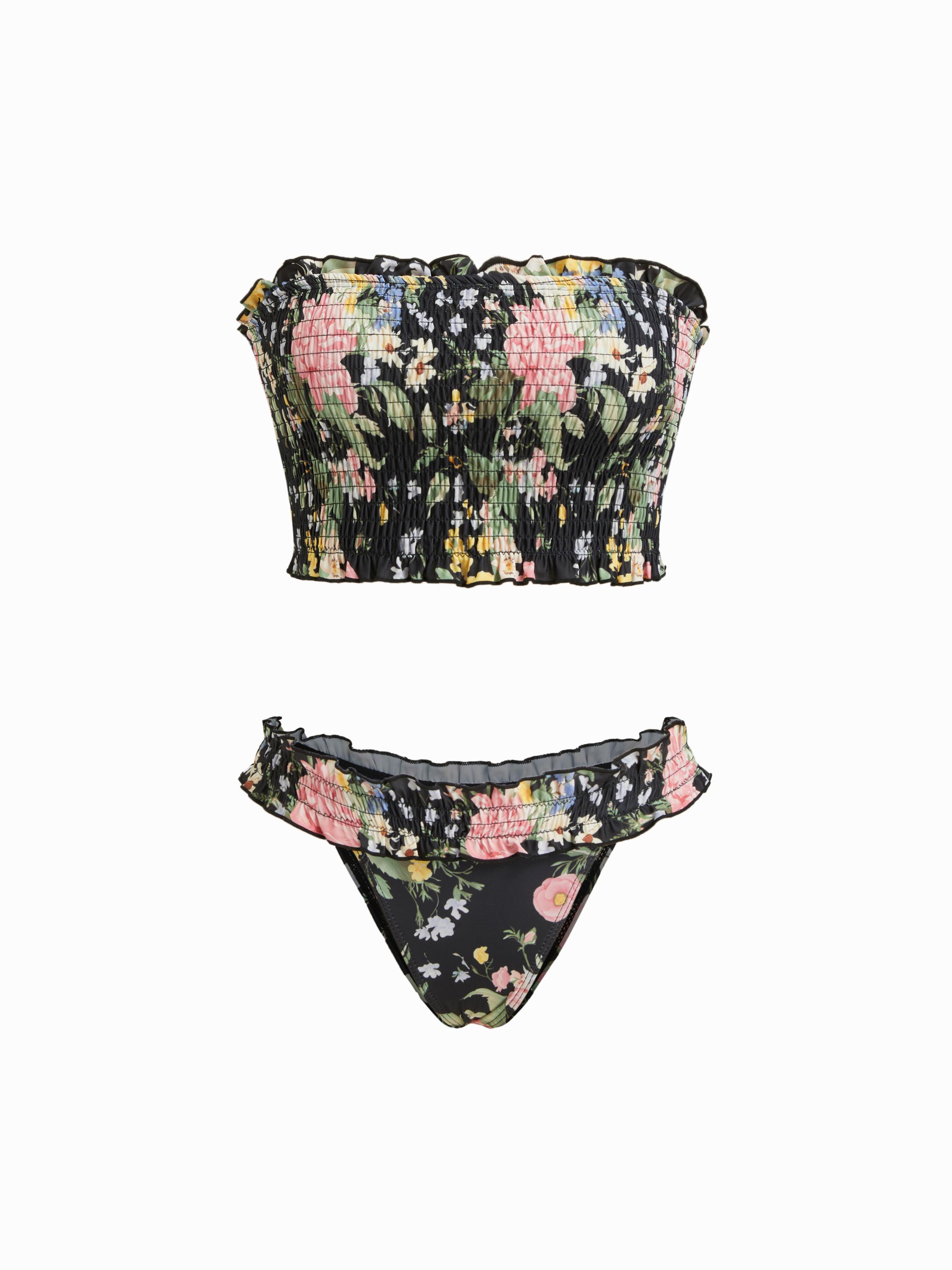 Bandeau Floral Shirred Lettuce Trim Bracelet Bikini Set by CIDER