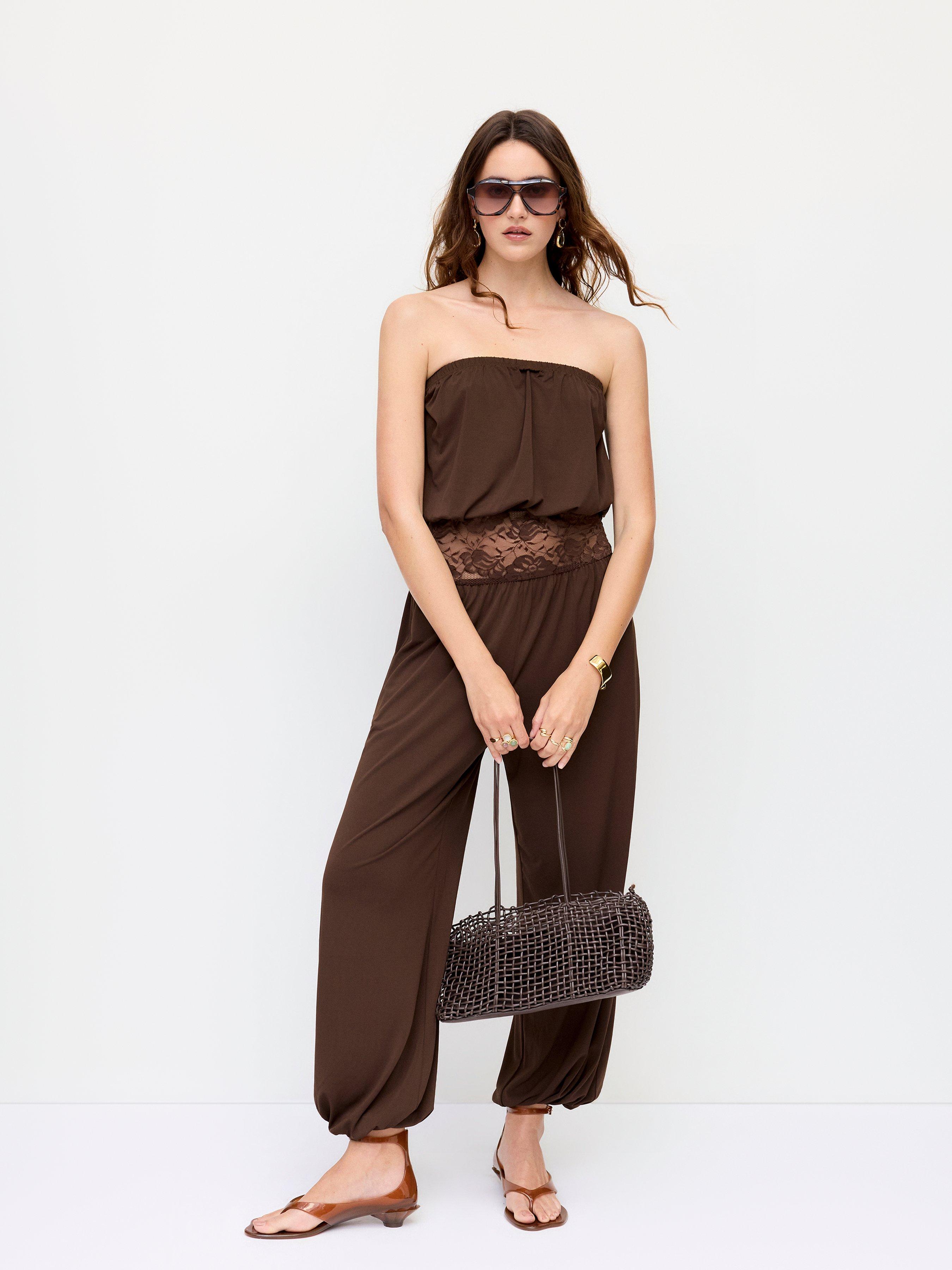 Bandeau Lace Panel Low Rise Jogger Jumpsuit by CIDER