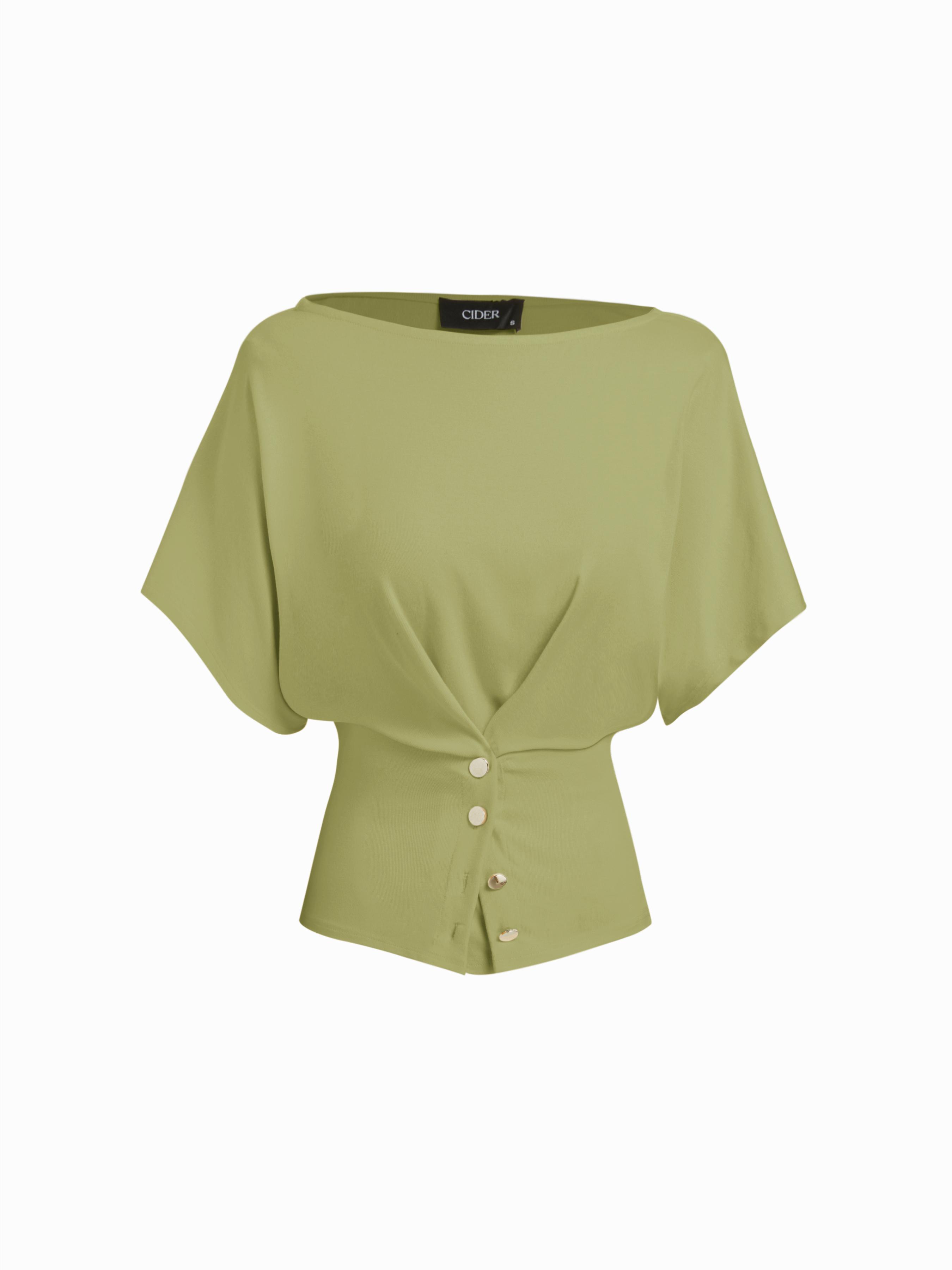 Batwing Sleeve Boat Neck Button Detail Tee by CIDER