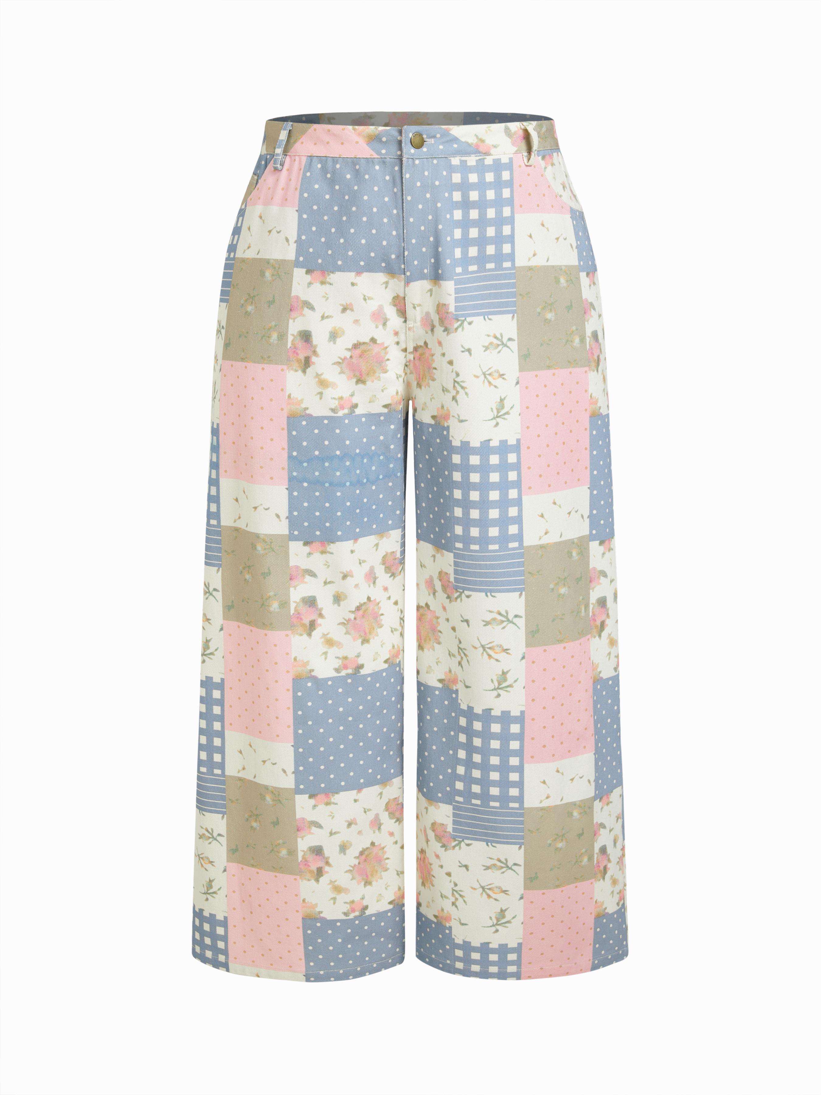 Baumwoll-Mid-Rise-Hosen mit Blumen, Punkten, Gingham und Farbblöcken, gepatcht, weite Beine Kurve & Plus by CIDER