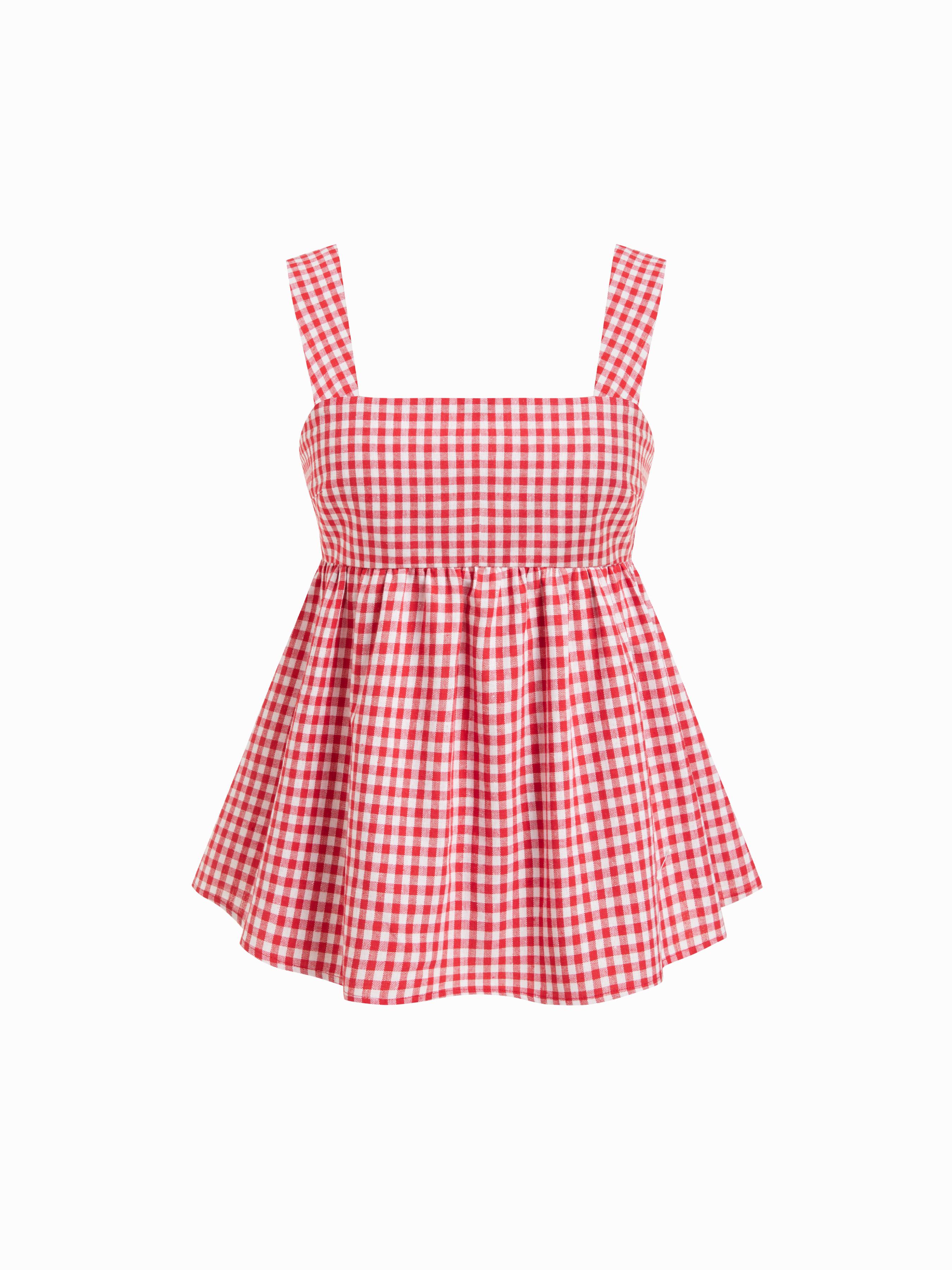 Baumwollmischung Gingham Quadratischer Hals Schleifenknoten A-Linie Camisole Oberteil by CIDER