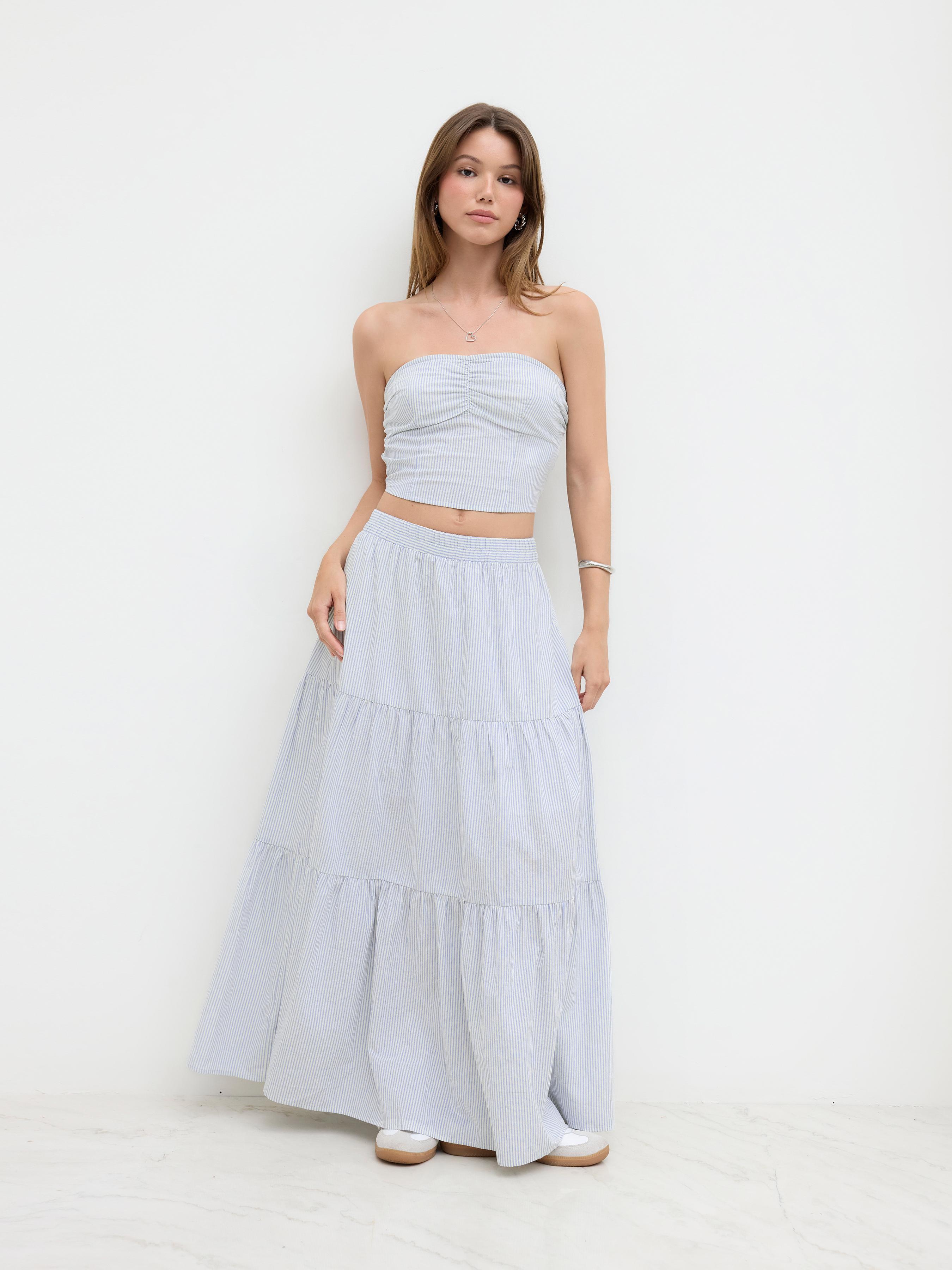 Baumwollmischung Streifen Rüschen Bandeau-Top & Mittelhohe Treppenrock-Set by CIDER