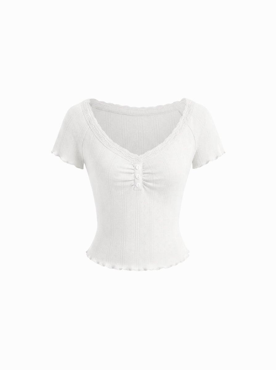 Baumwollstruktur V-Ausschnitt Rüschen Spitze Kurzarm T-Shirt by CIDER