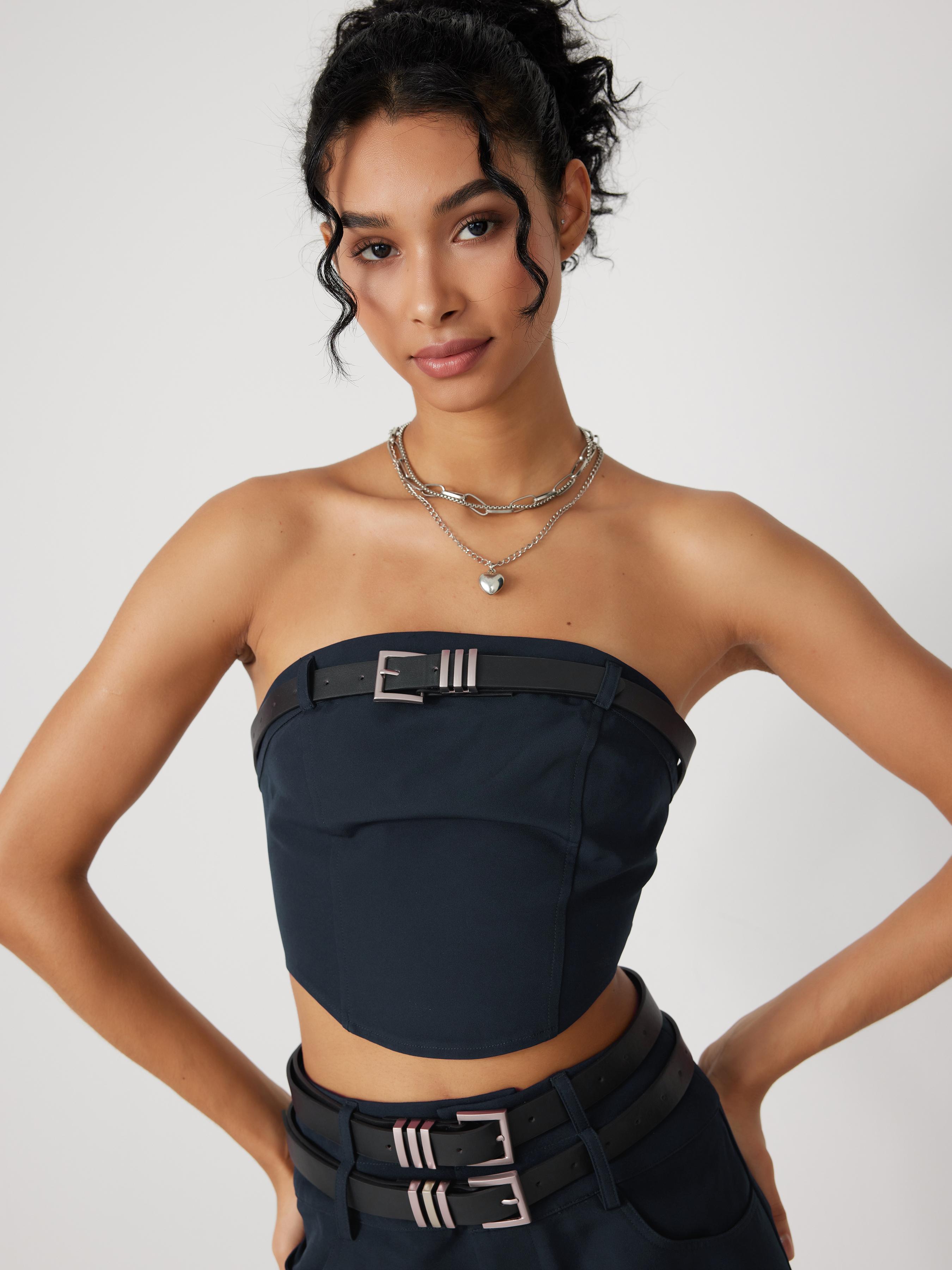 Belted Zipper Up Crop Tube Top by CIDER