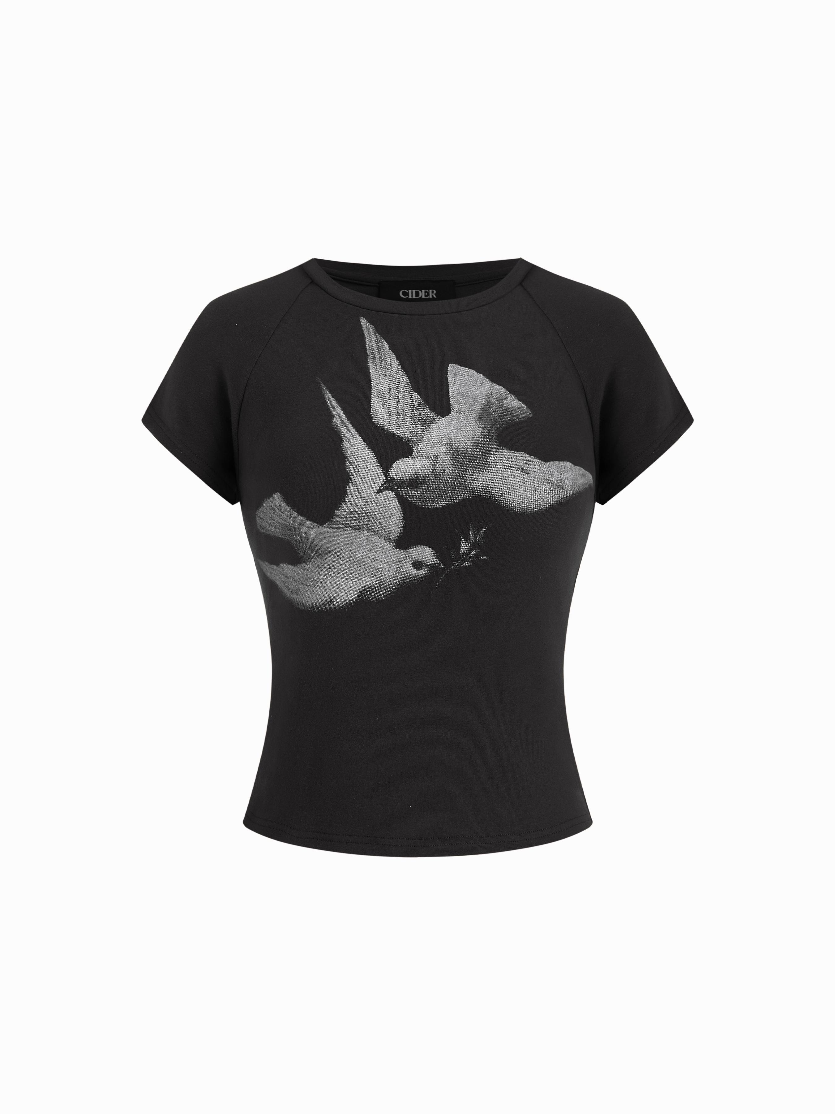 Bird Graphic Cotton Raglan Sleeve Crop Tee by CIDER