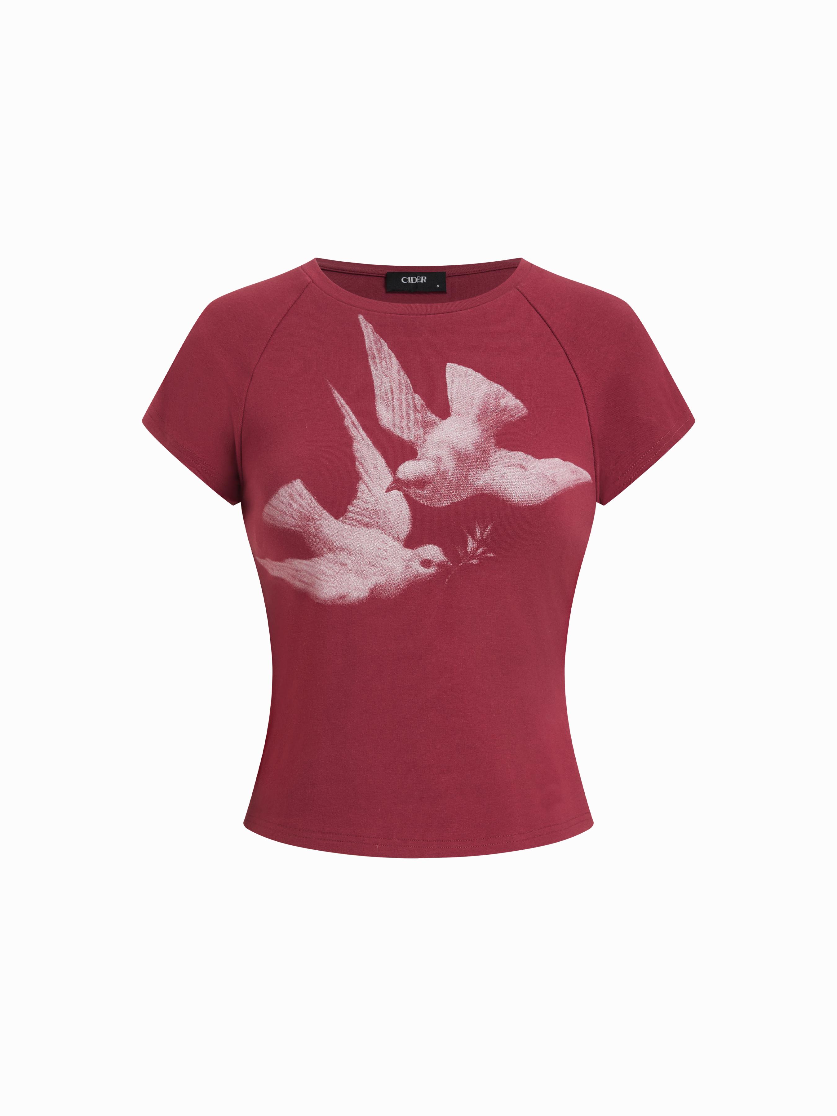 Bird Graphic Cotton Raglan Sleeve Crop Tee by CIDER