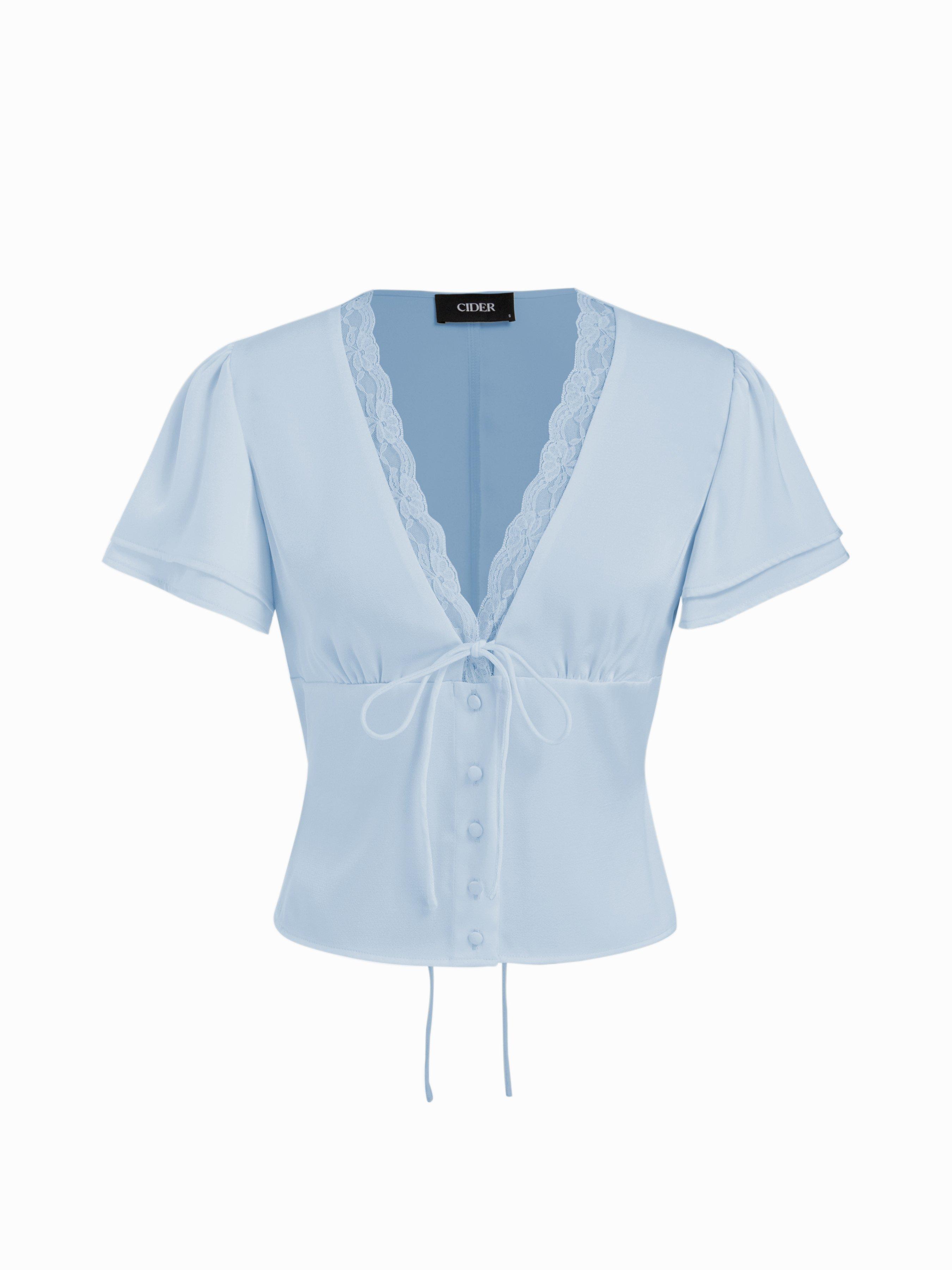 Blouse à encolure V, manches courtes, cordon et dentelle by CIDER