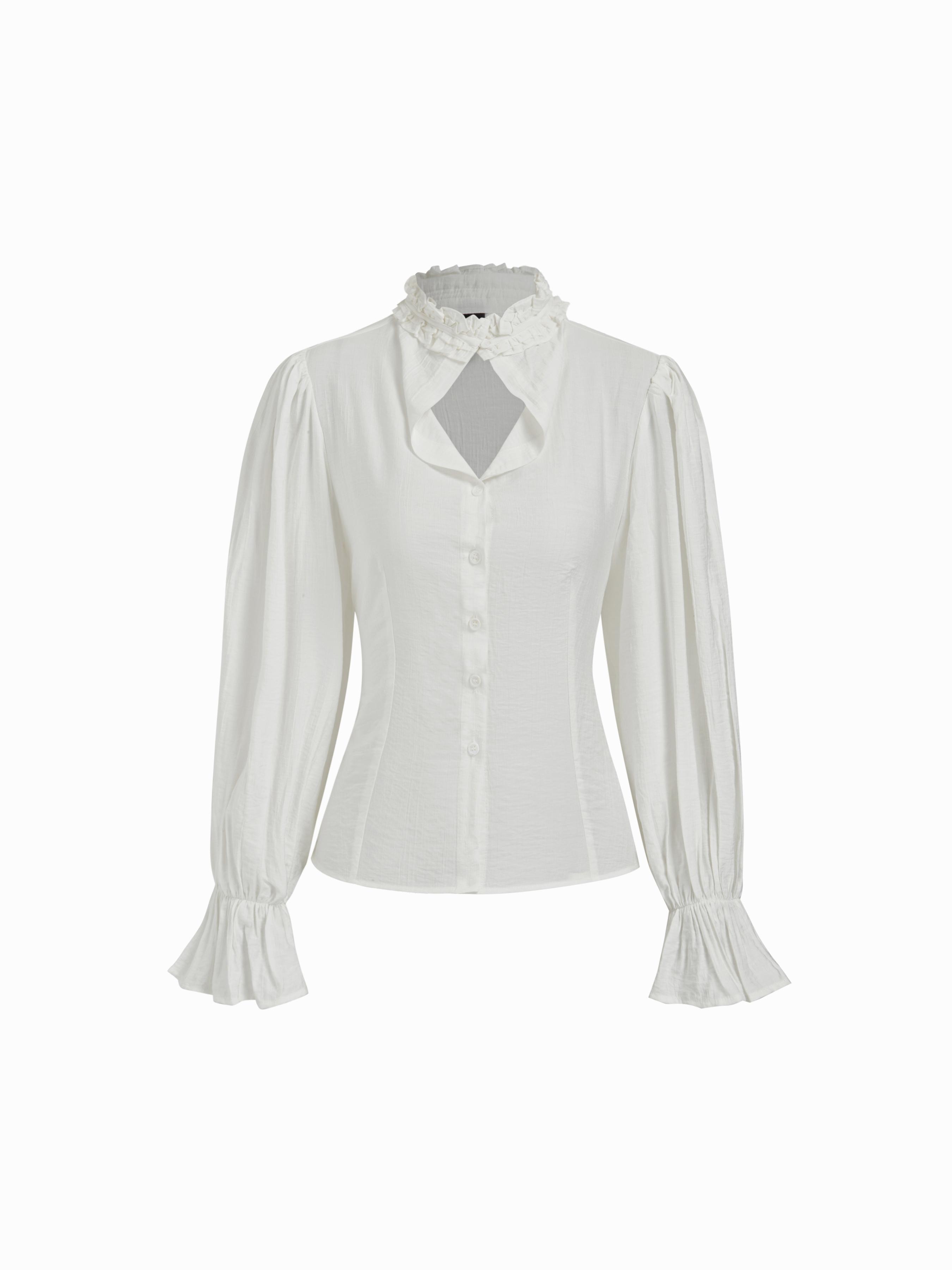 Bluse mit Stehkragen, Rüschen, Salatrand, Schleife hinten und geschmacktem Bund und Glockenhülsen by CIDER