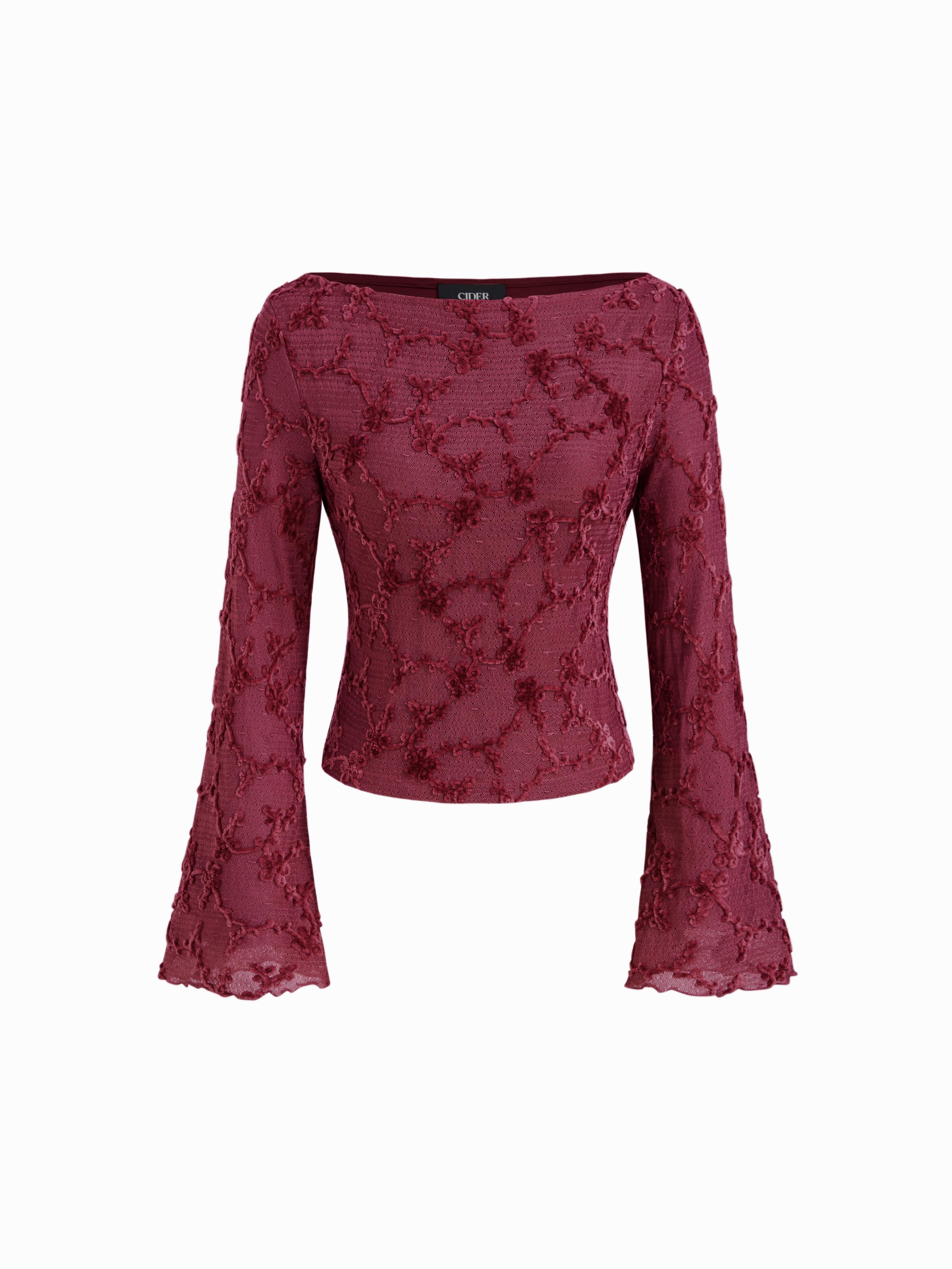 Boat Neck Applique Floral Lettuce Trim Bell Sleeve Blouse by CIDER