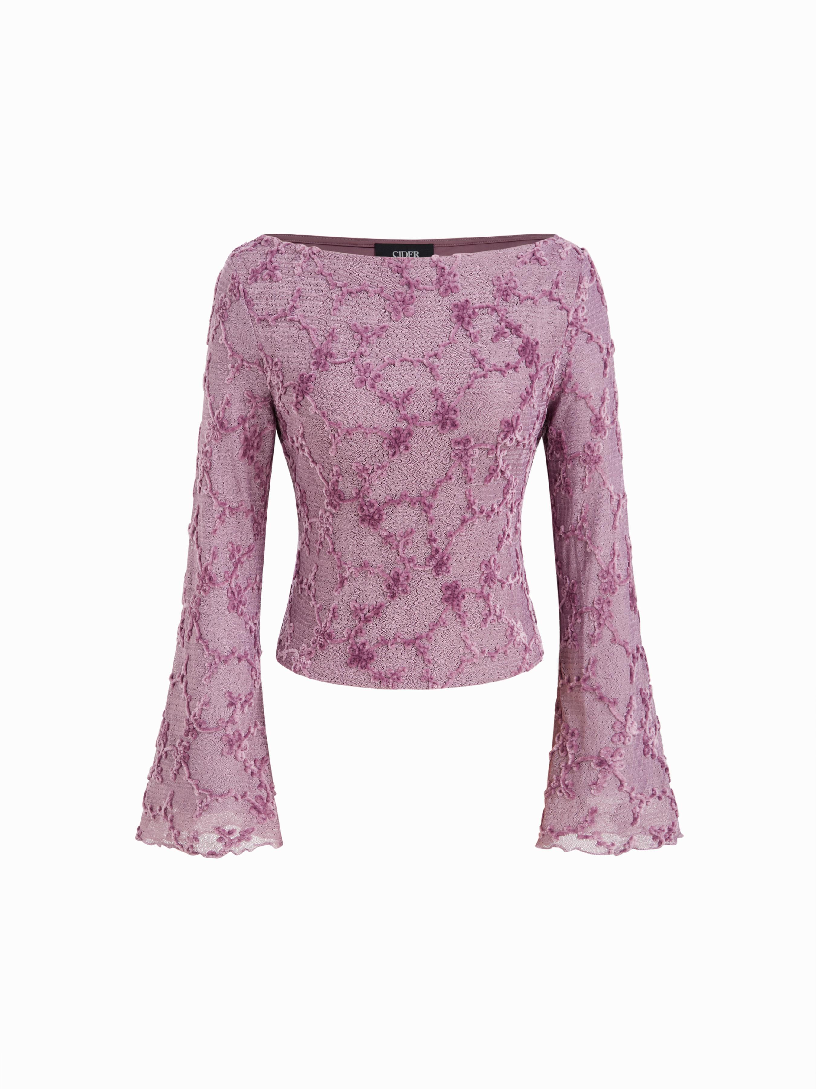 Boat Neck Applique Floral Lettuce Trim Bell Sleeve Blouse by CIDER