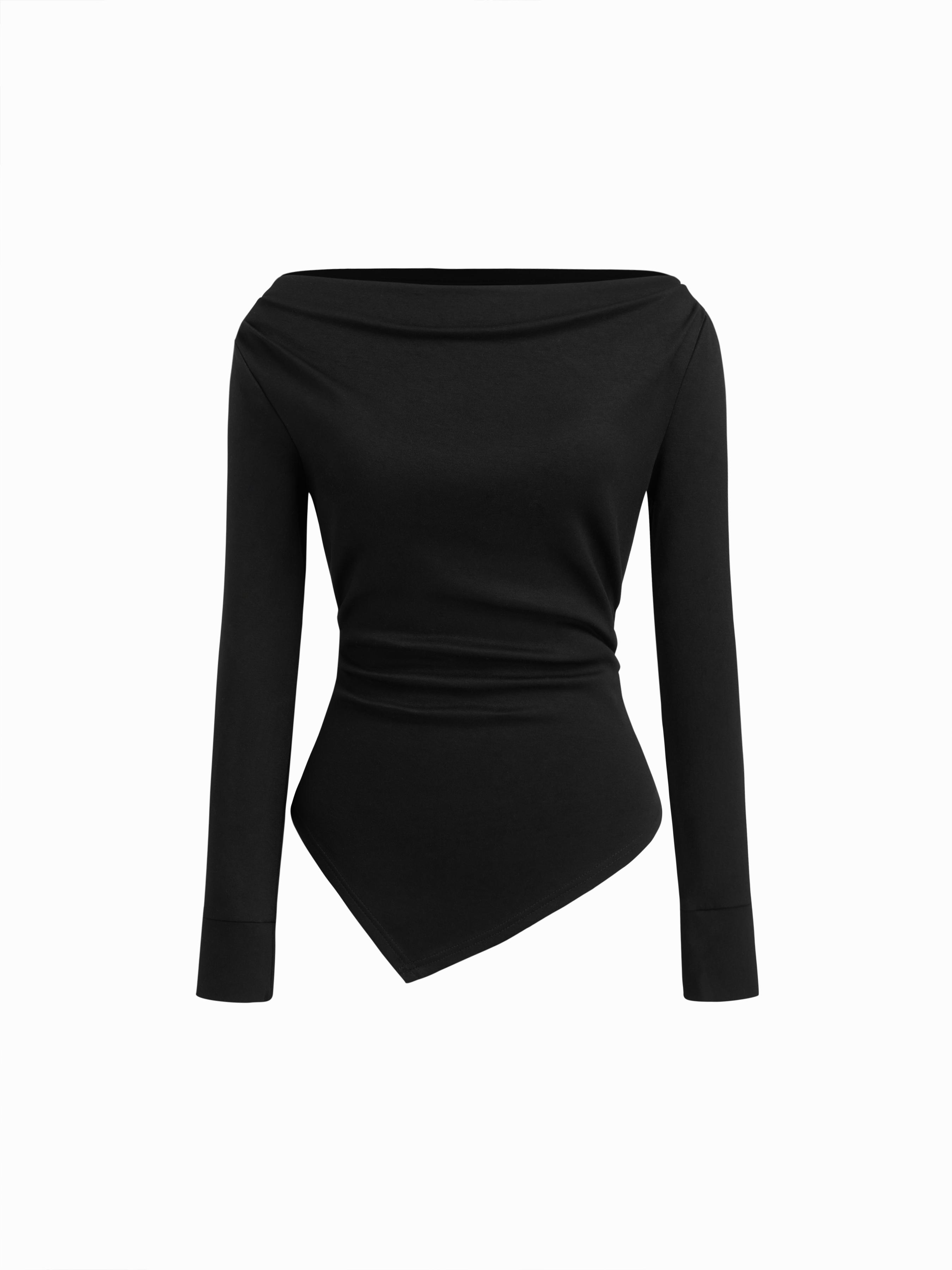 Boat Neck Asymmetrical Hem Ruched Tee by CIDER
