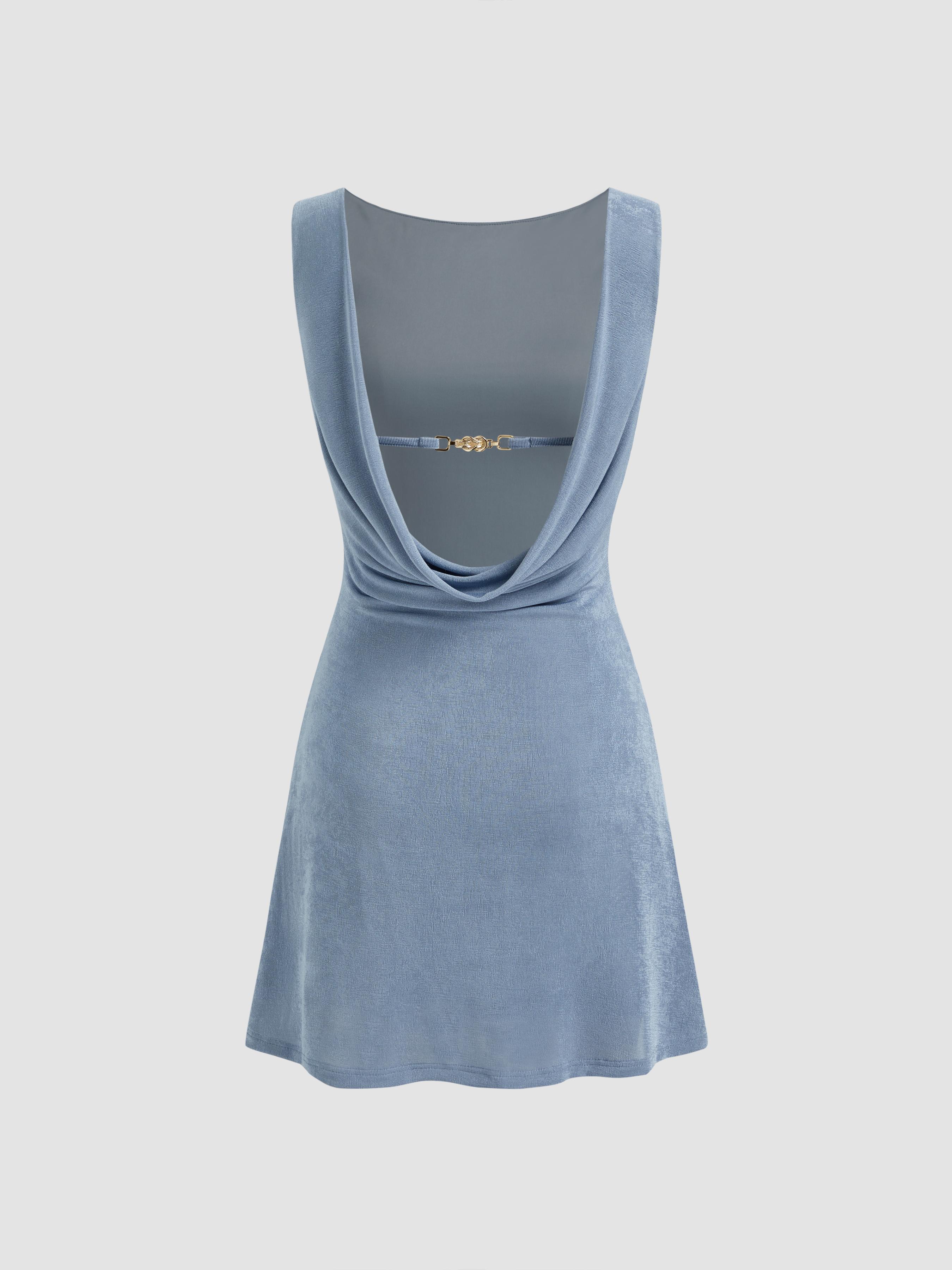 Boat Neck Backless Chain Detail Ruched Mini Dress by CIDER