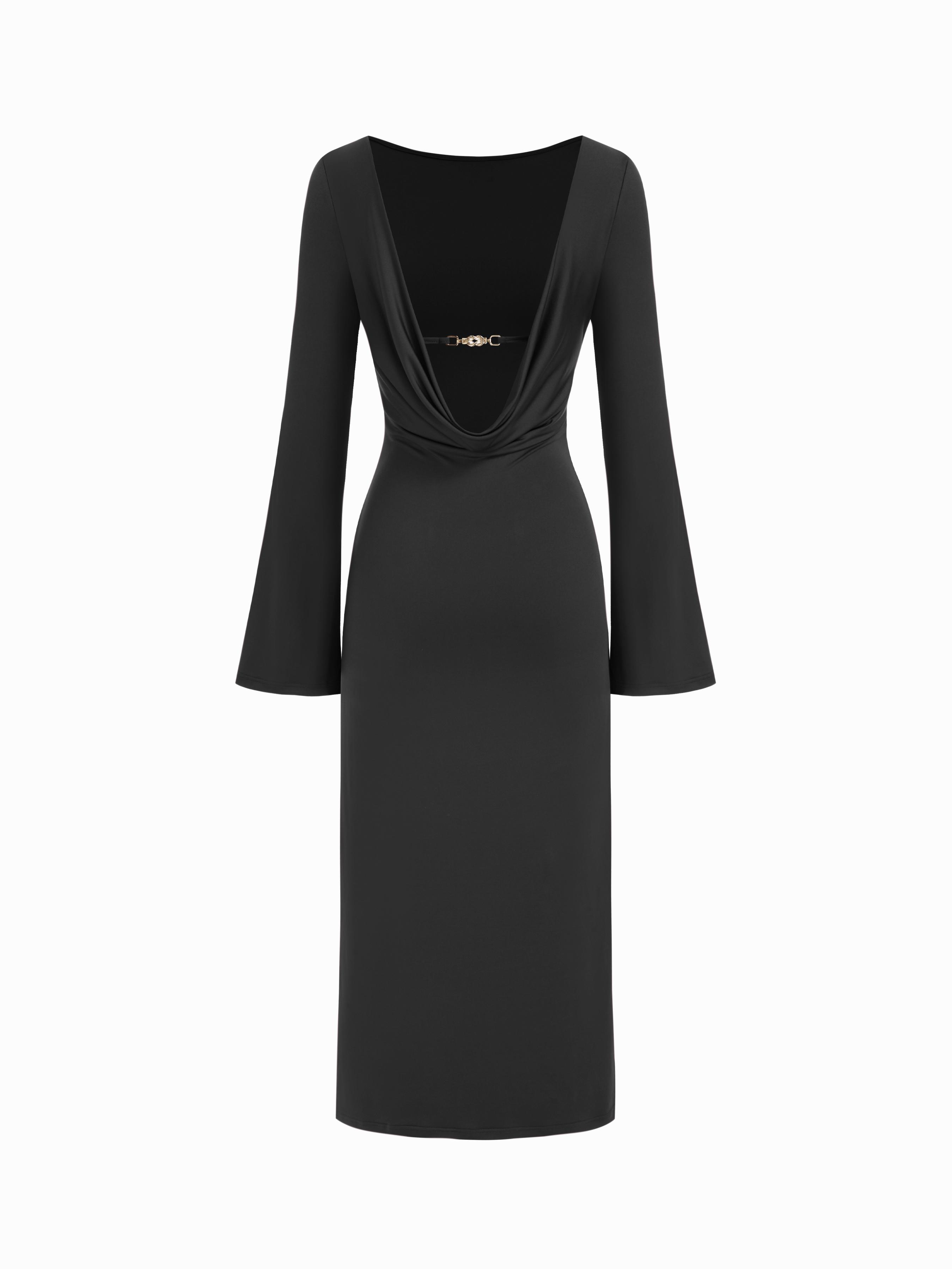 Boat Neck Bell Sleeve Backless Metal Button Ruched Maxi Dress by CIDER