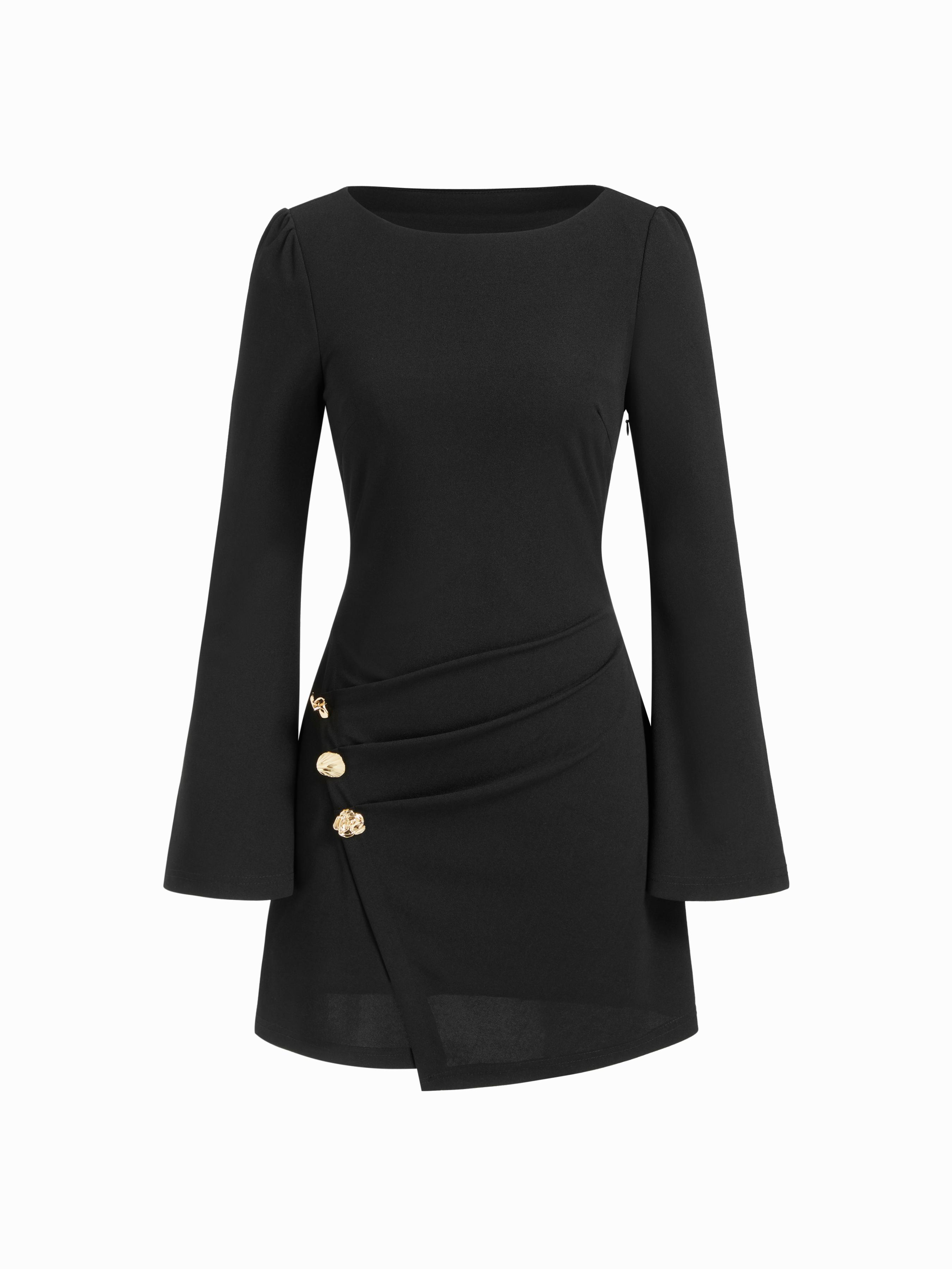 Boat Neck Bell Sleeve Ruched Mini Dress With Metal Button by CIDER