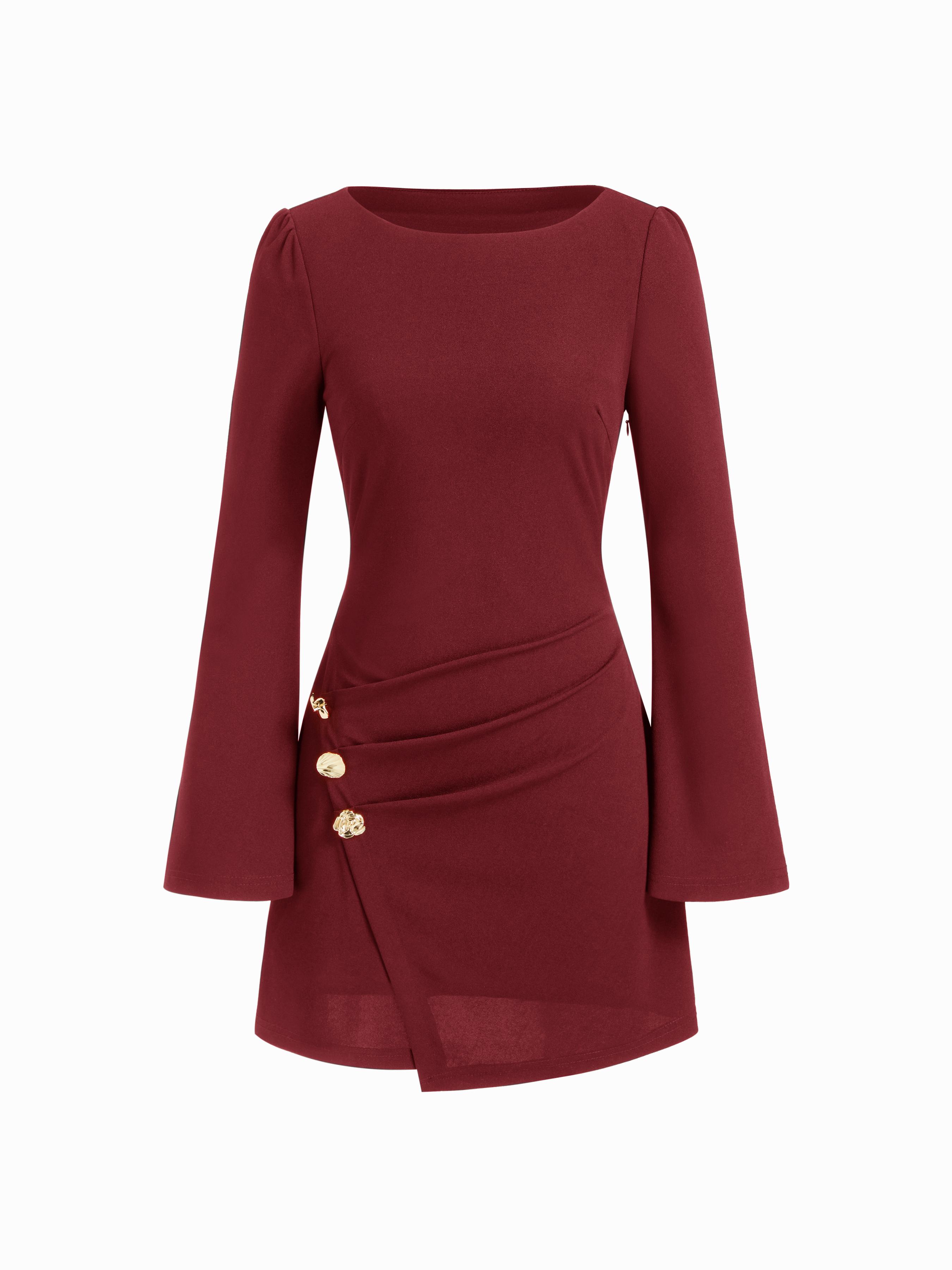 Boat Neck Bell Sleeve Ruched Mini Dress With Metal Button by CIDER