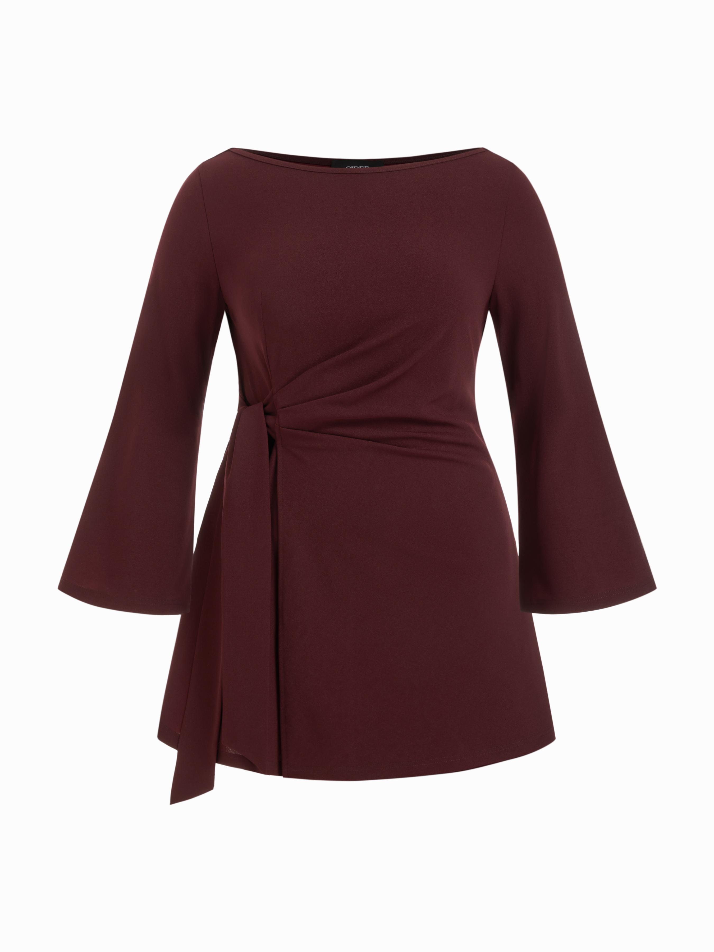 Boat Neck Bell Sleeve Tie Side Ruched Mini Dress Curve & Plus by CIDER