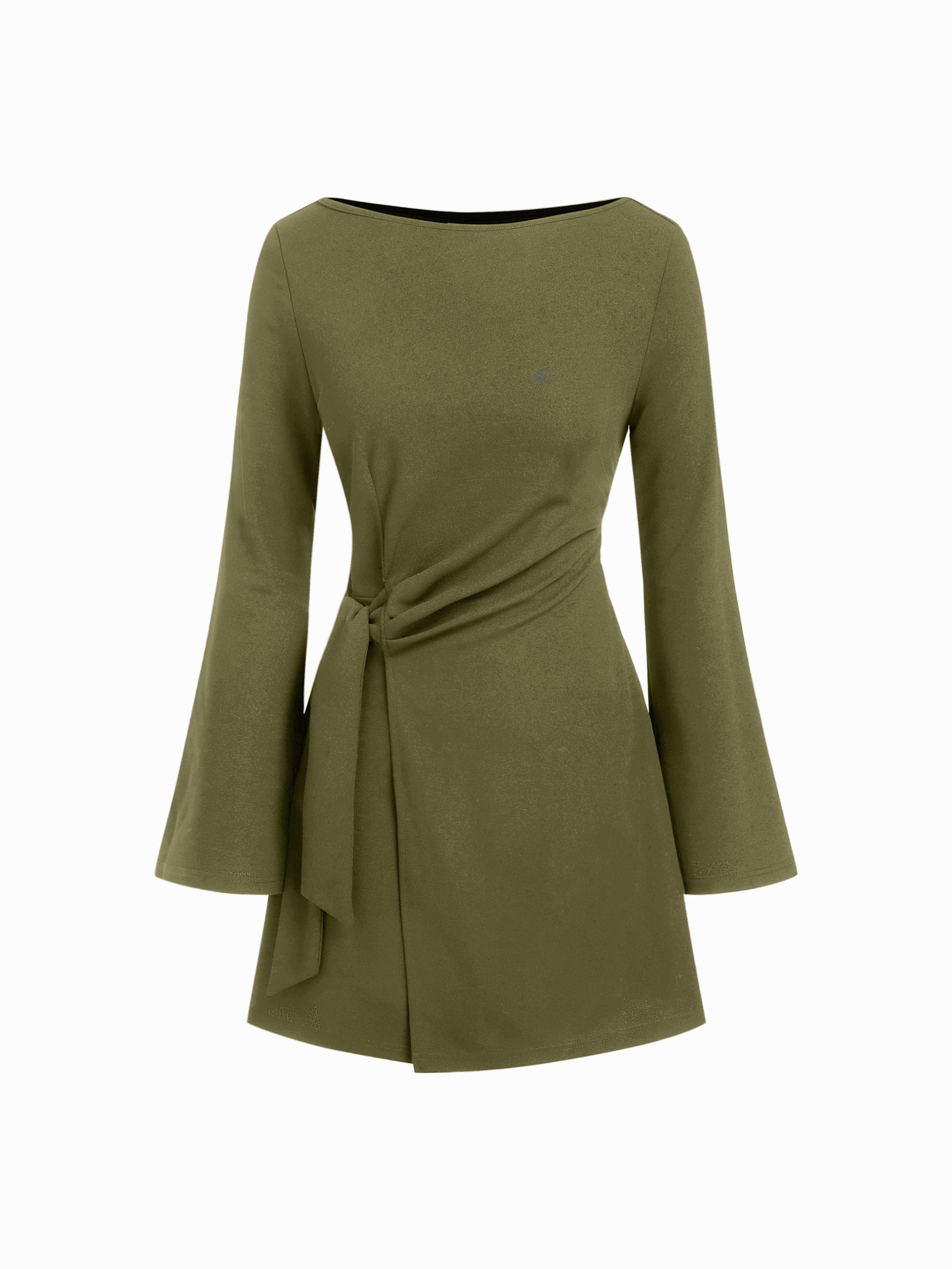 Boat Neck Bell Sleeve Tie Side Ruched Mini Dress by CIDER