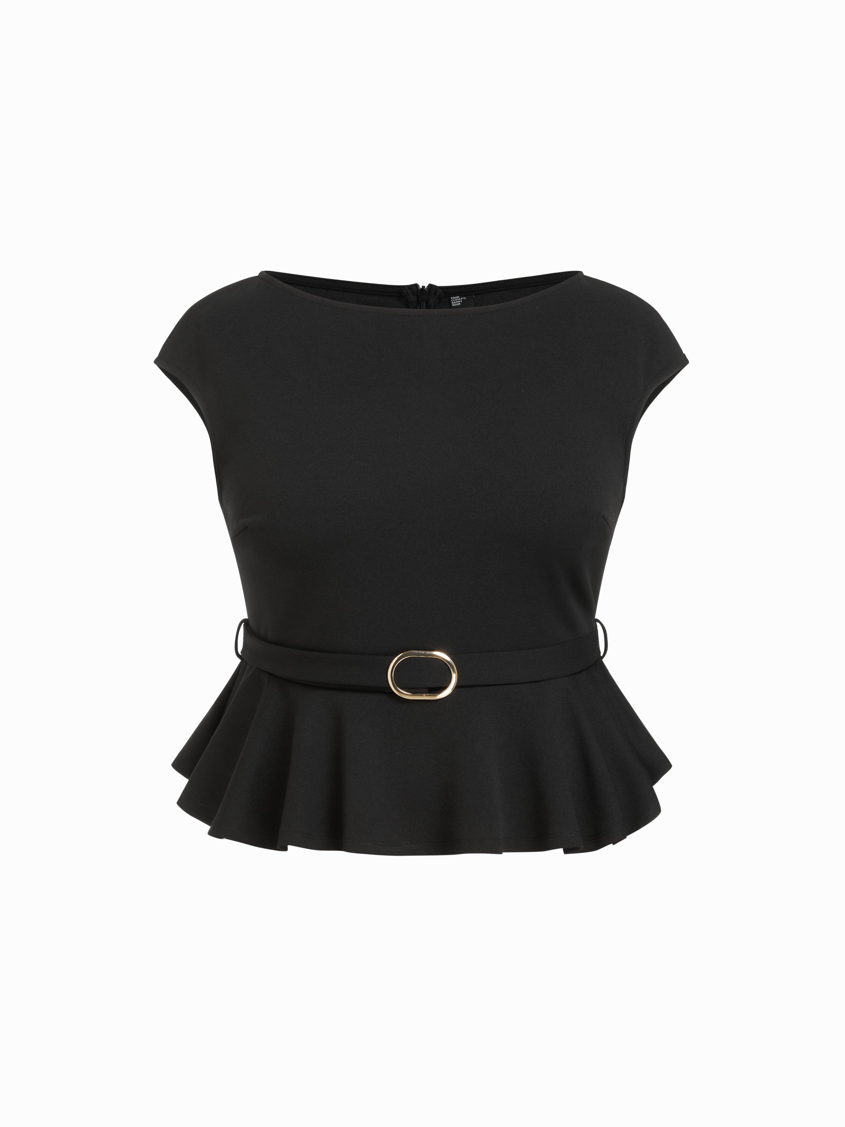 Boat Neck Belted Ruffle Hem Metal Detail Peplum Crop Top Curve & Plus by CIDER