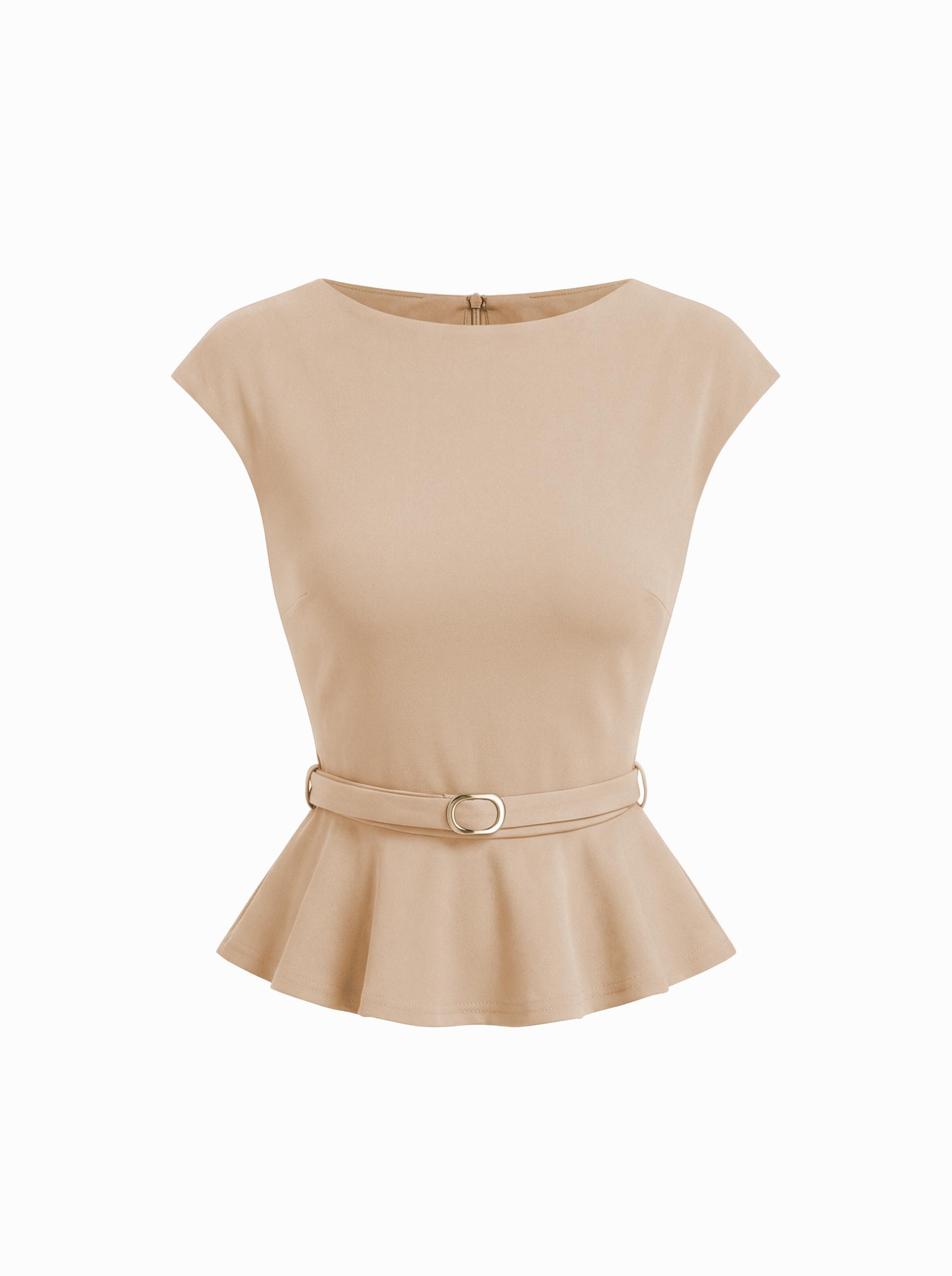 Boat Neck Belted Ruffle Hem Metal Detail Peplum Top by CIDER