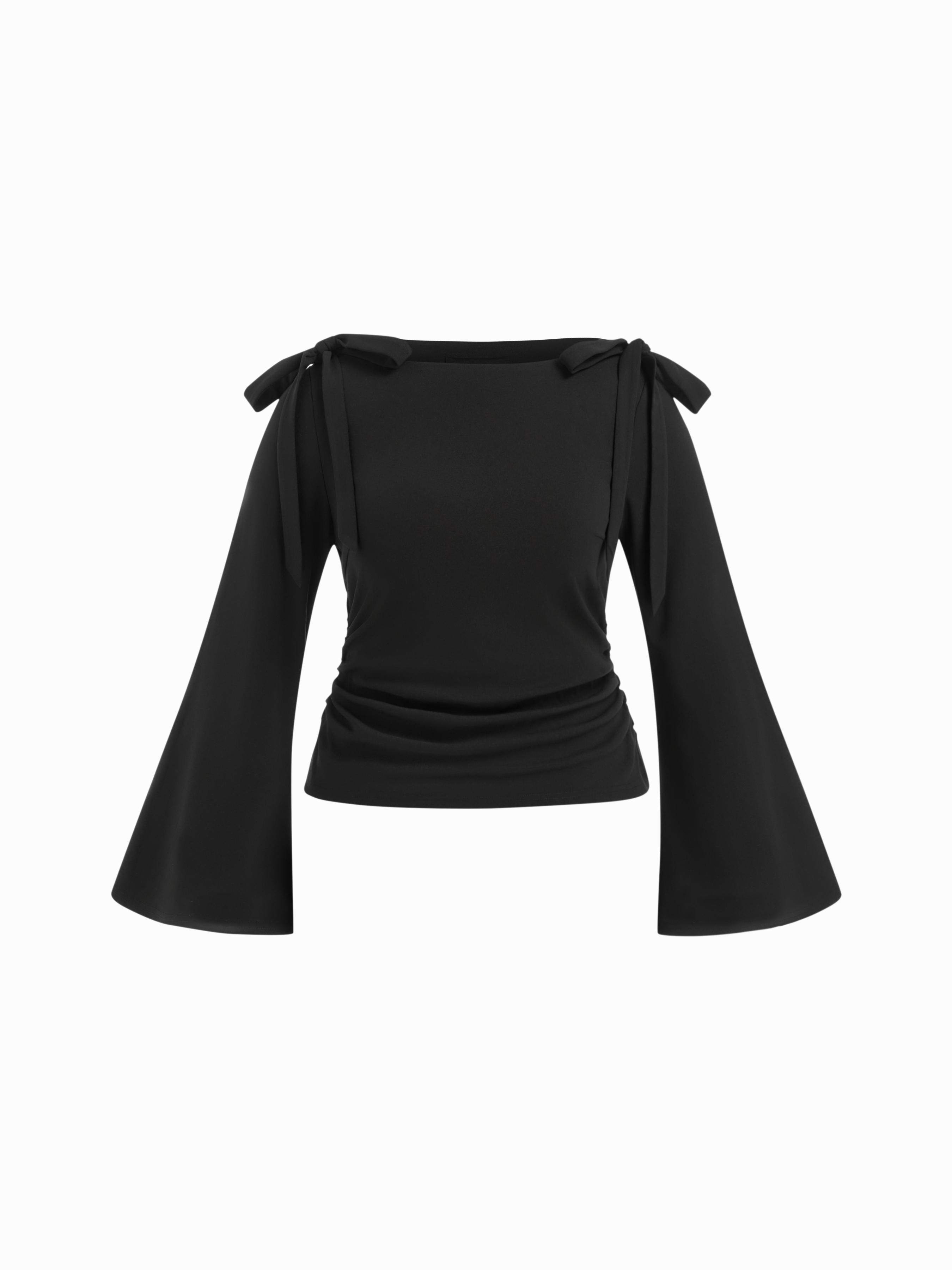 Boat Neck Bowknot Ruched Long Sleeve Top Curve & Plus by CIDER