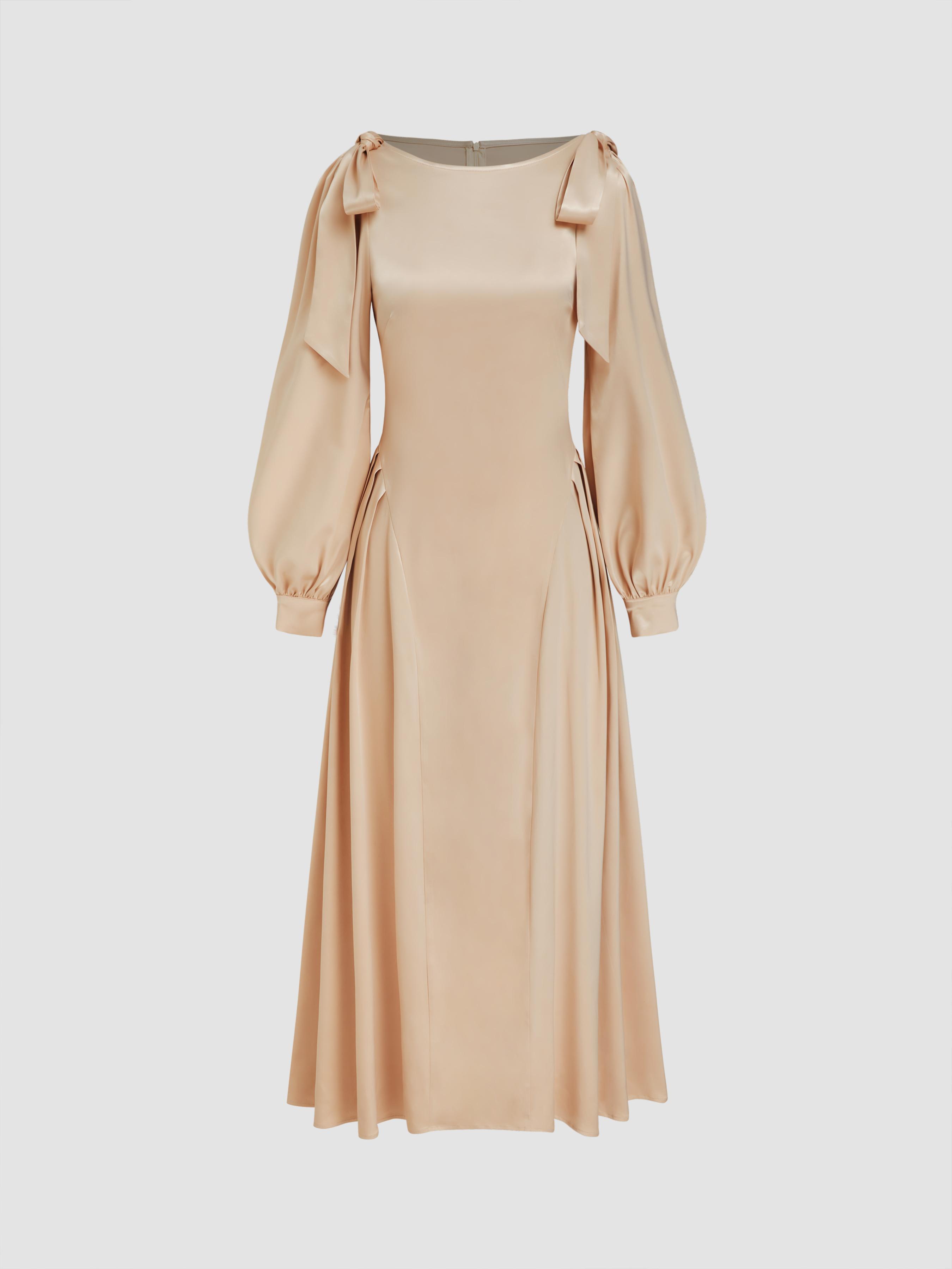 Boat Neck Bowknot Ruffle Puff Sleeve Maxi Dress by CIDER