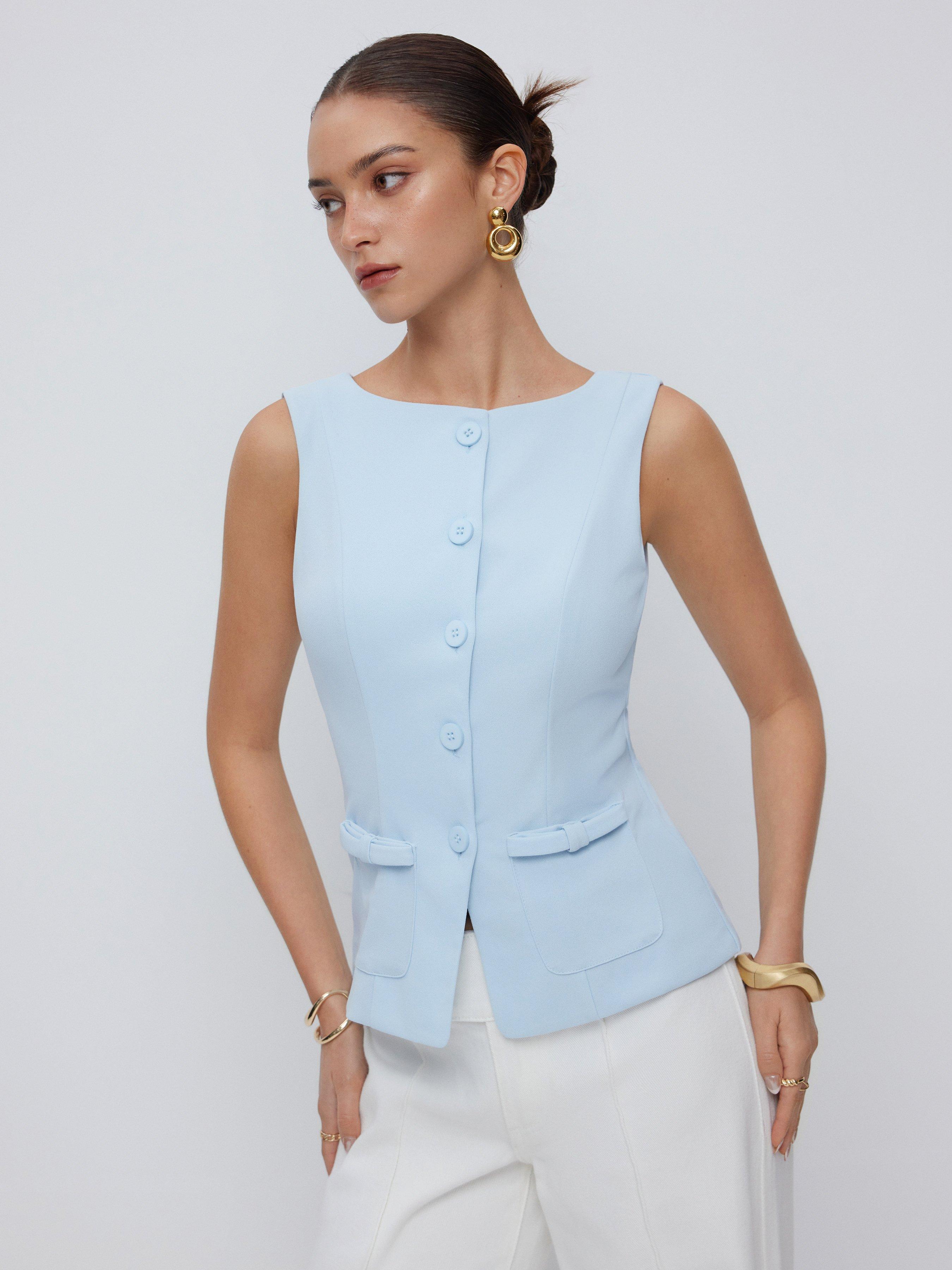 Boat Neck Button Front Flap Detail Blazer Vest by CIDER