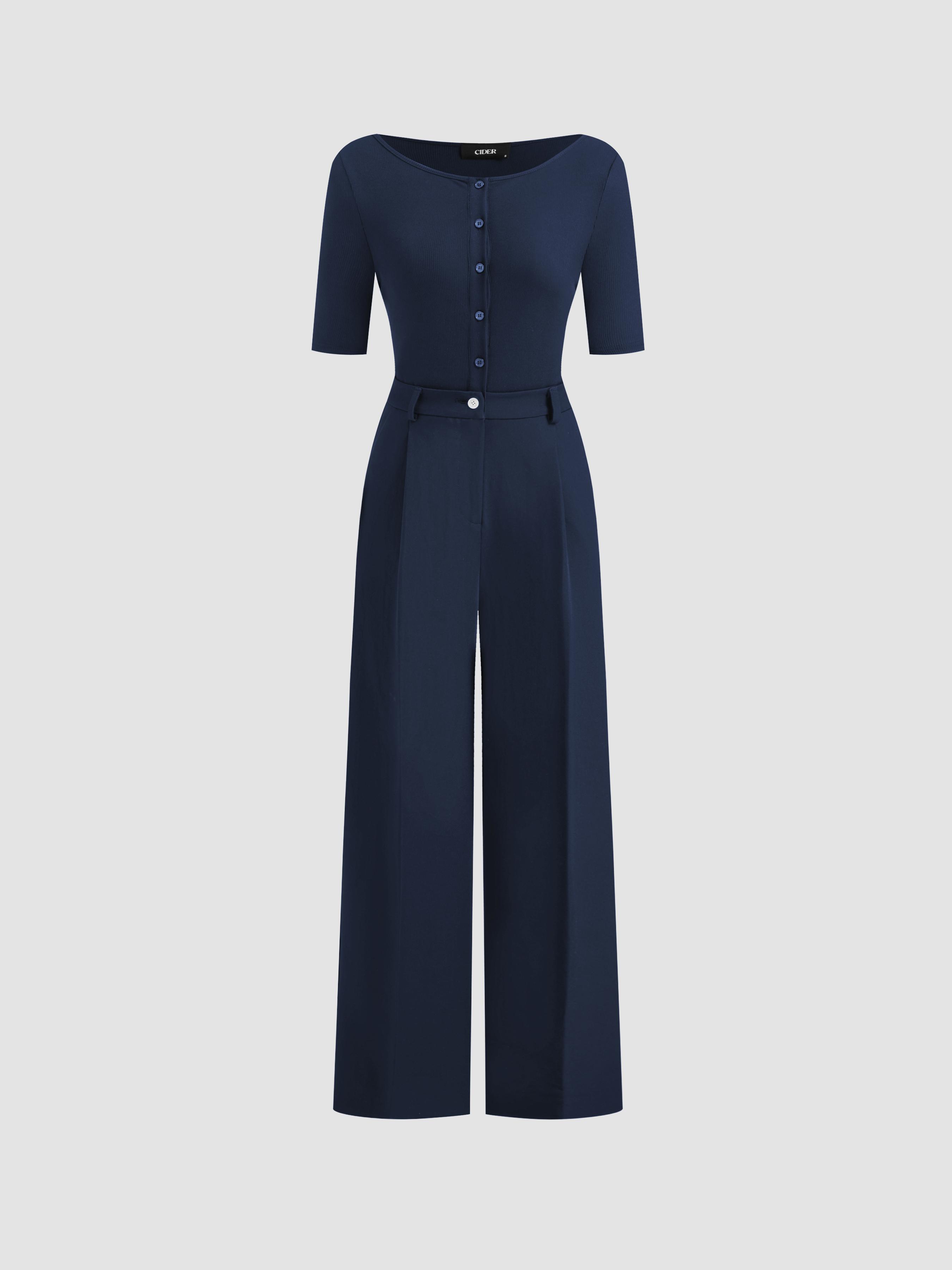Boat Neck Button Mid-length Sleeve Jumpsuit by CIDER