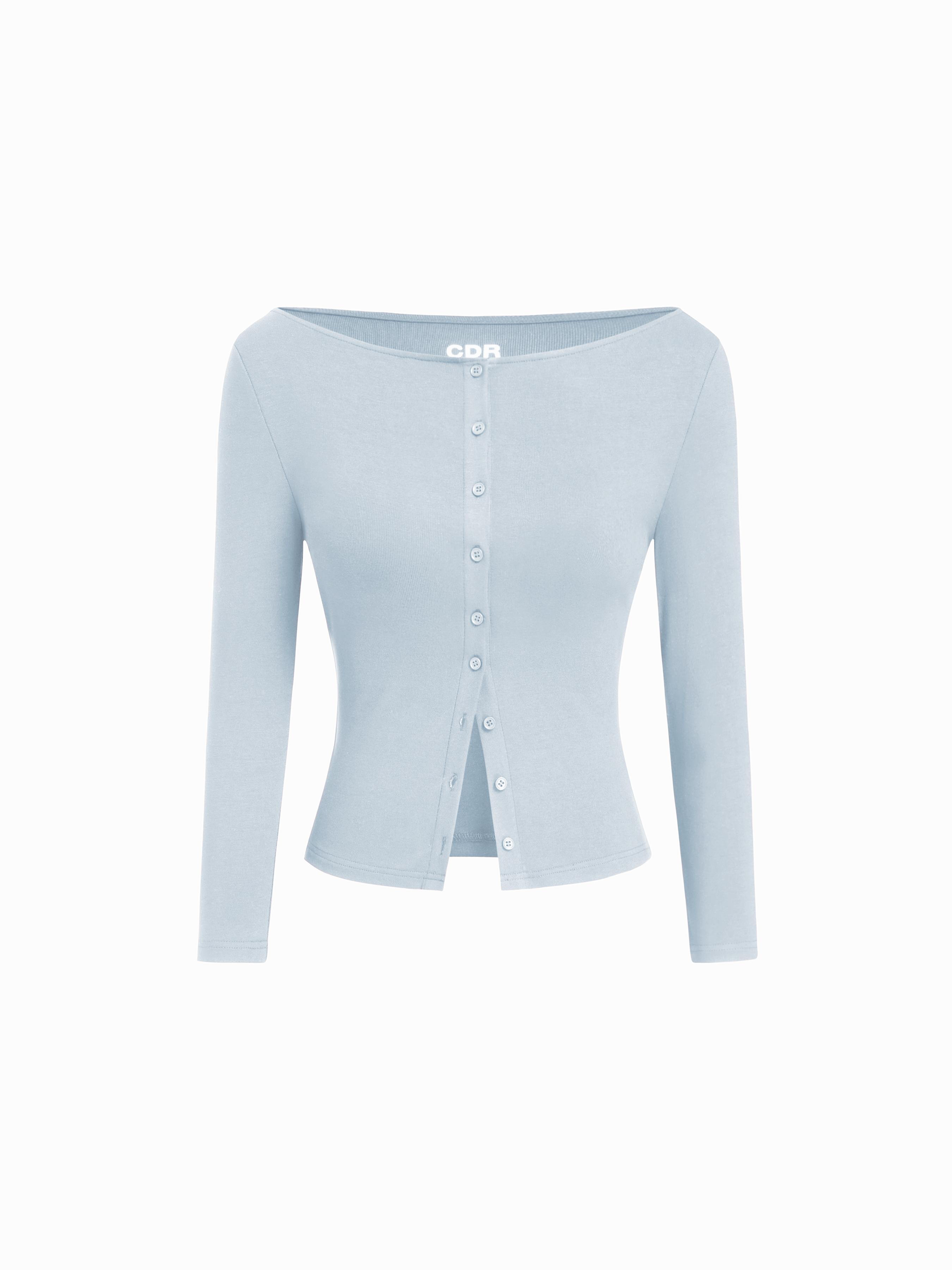 Boat Neck Button-front Long Sleeve Top by CIDER