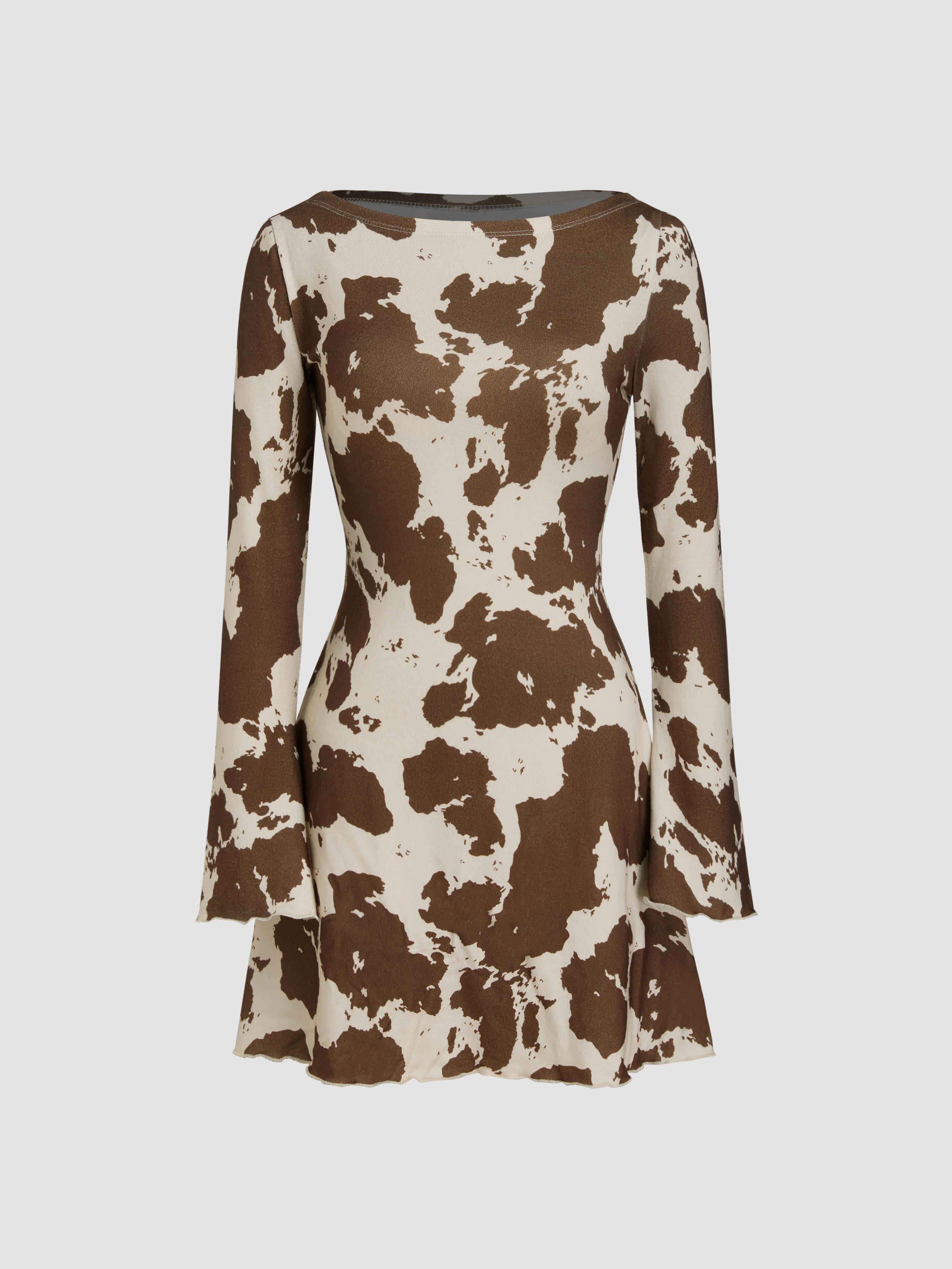 Boat Neck Cow Print Mini Dress by CIDER