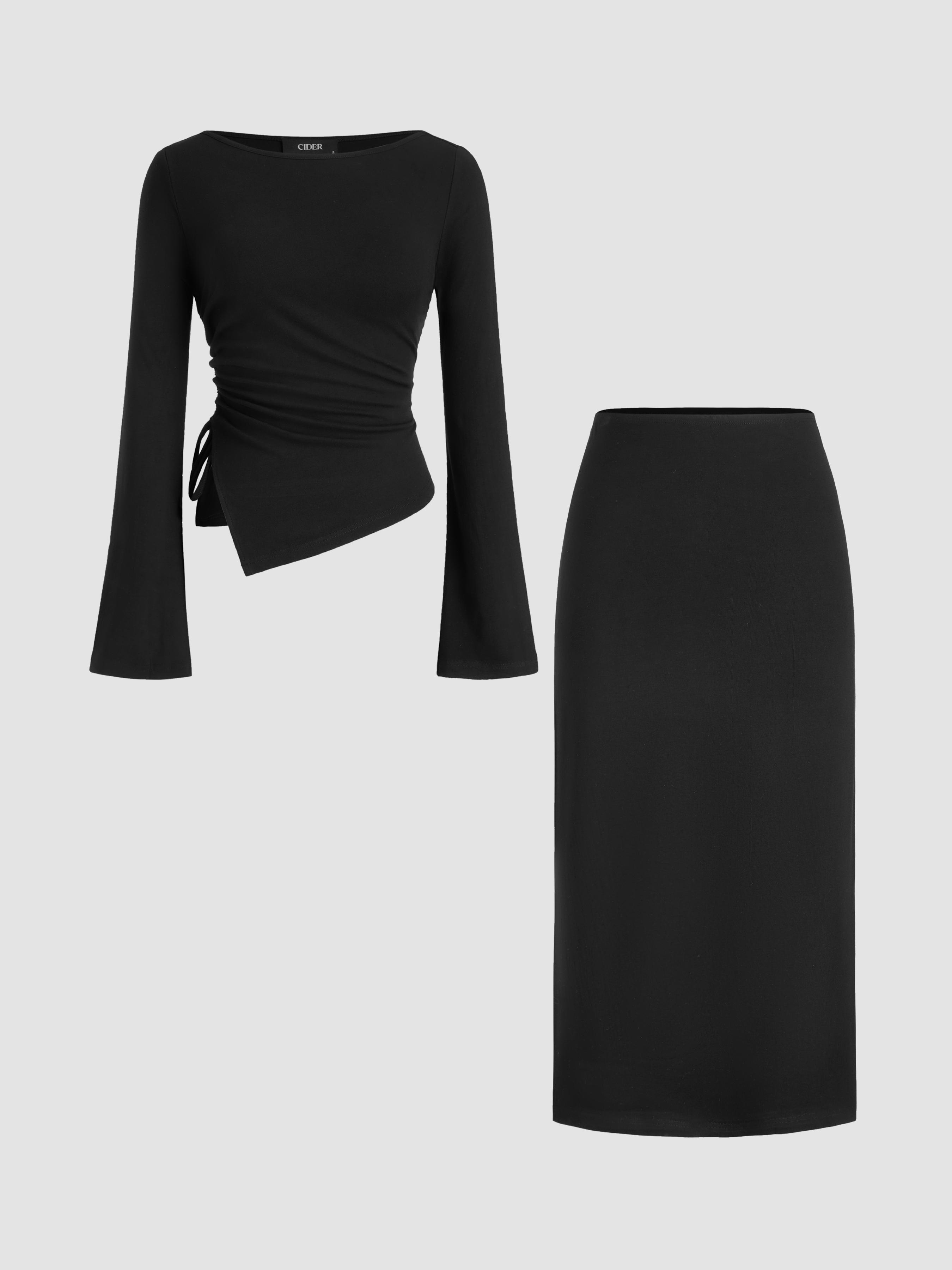 Boat Neck Drawstring Asymmetrical Hem Top & Mid Rise Maxi Skirt Set by CIDER