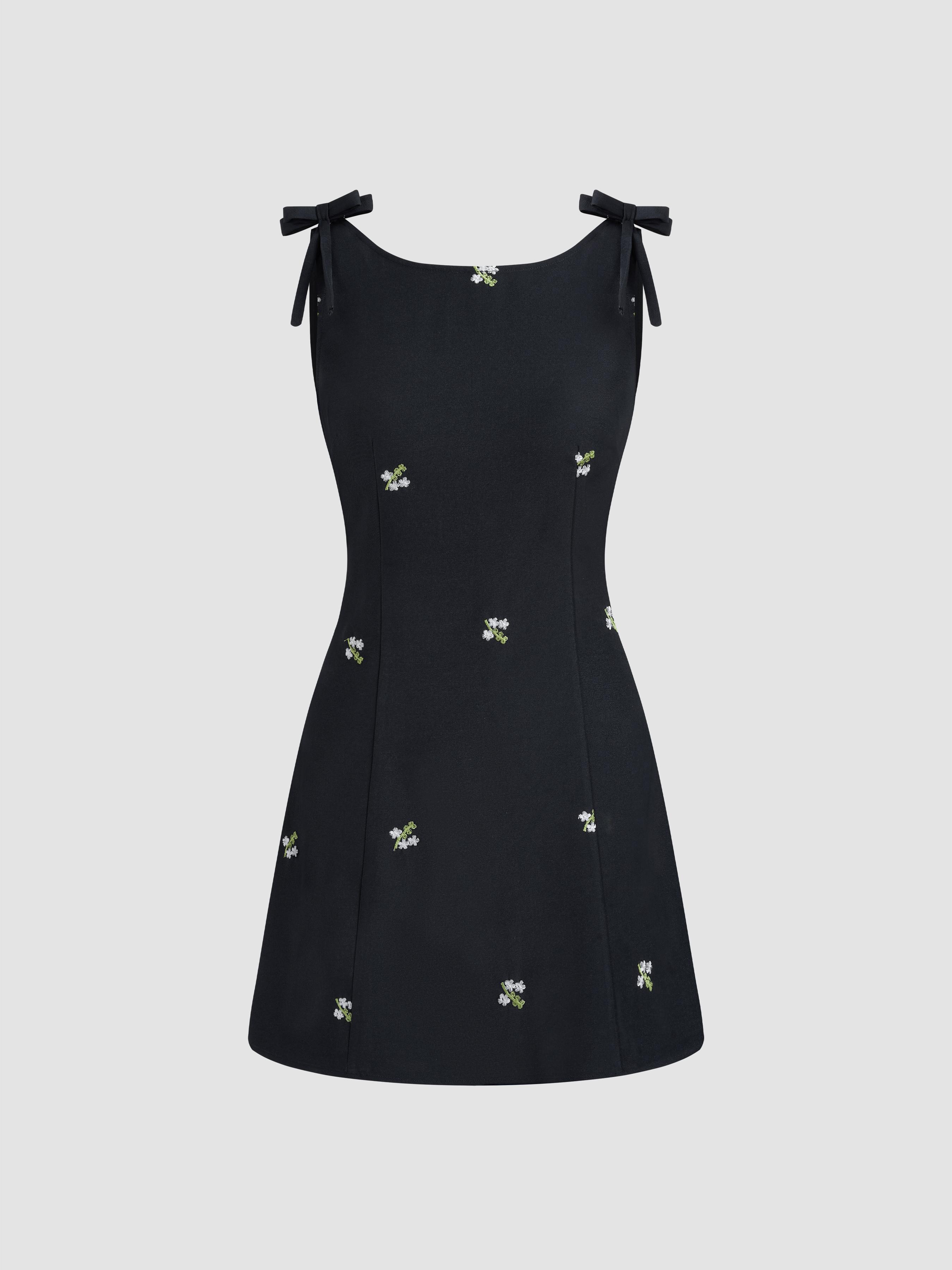 Boat Neck Floral Embroidery Bowknot Mini Dress by CIDER