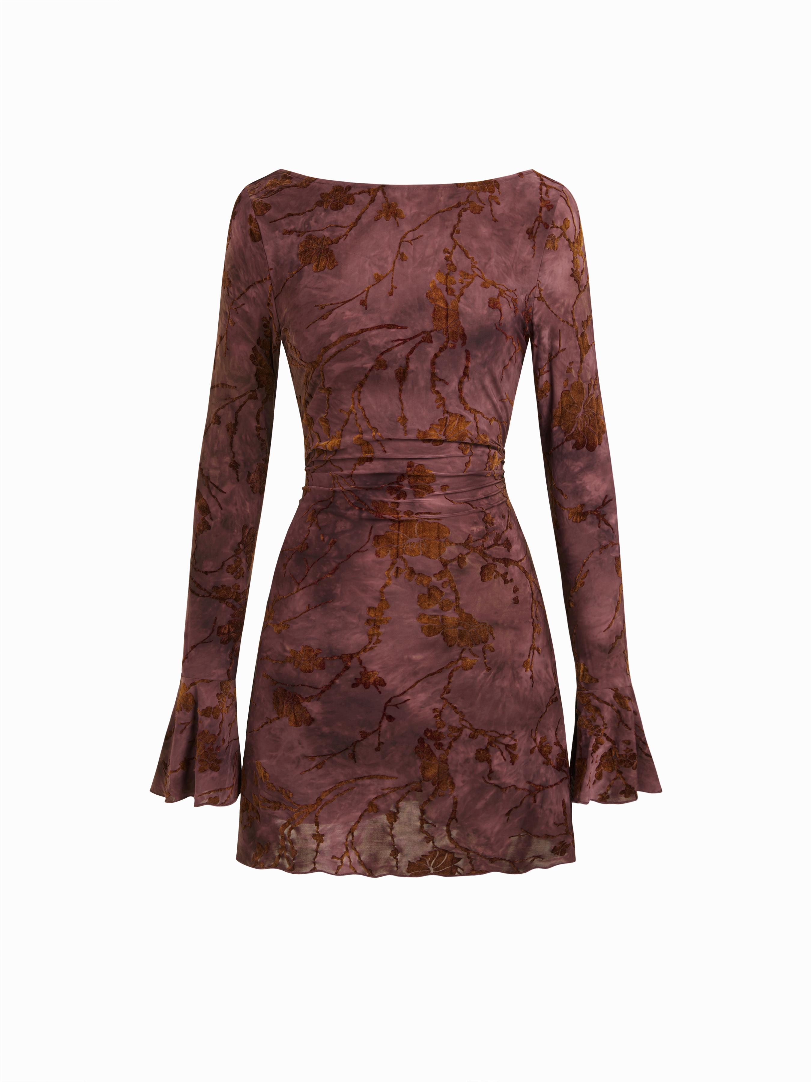 Boat Neck Floral Ruched Backless Metal Detail Lettuce Trim Mini Dress by CIDER