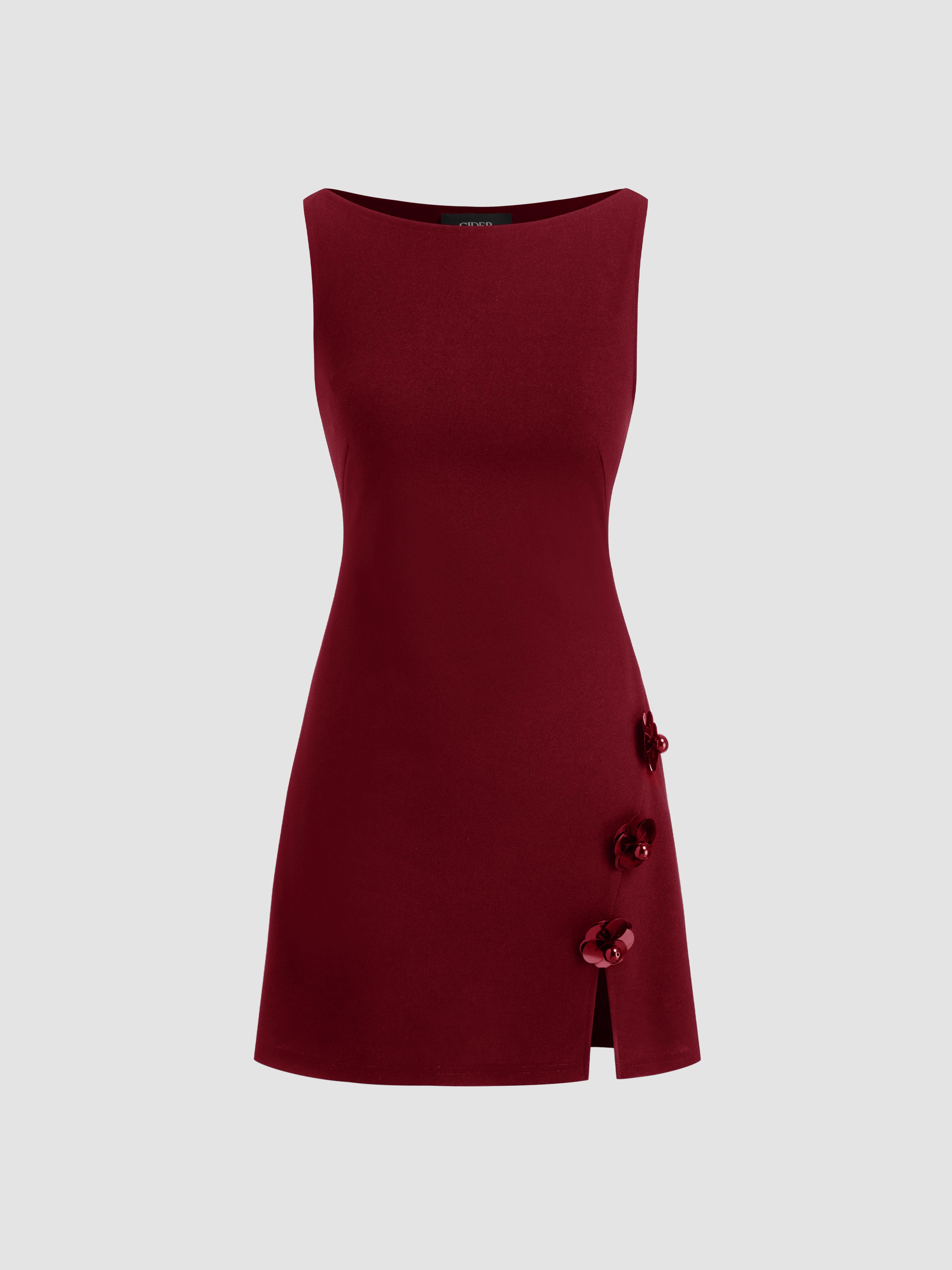 Boat Neck Floral Split Mini Dress by CIDER