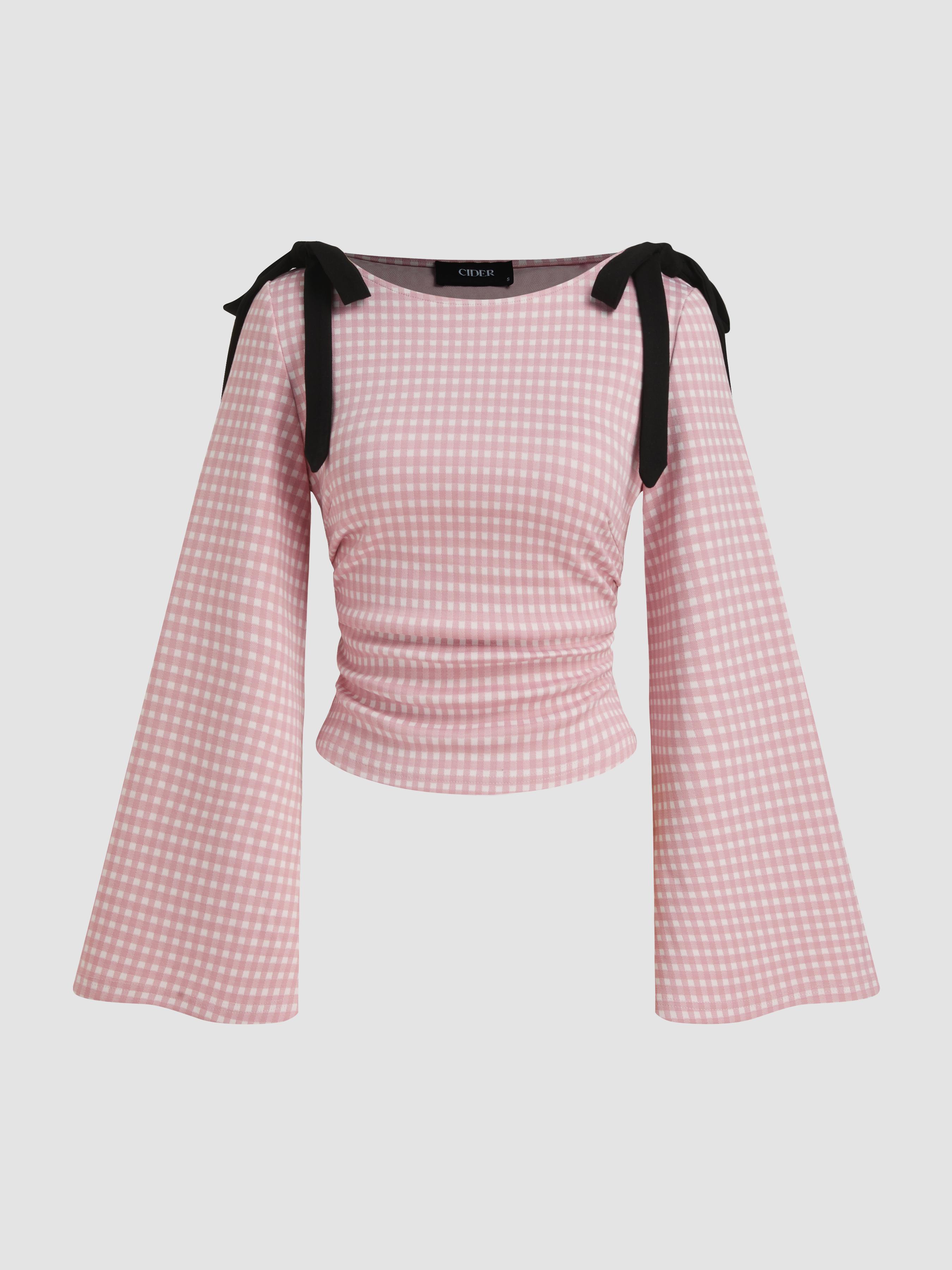Boat Neck Gingham Bowknot Ruched Long Sleeve Top by CIDER