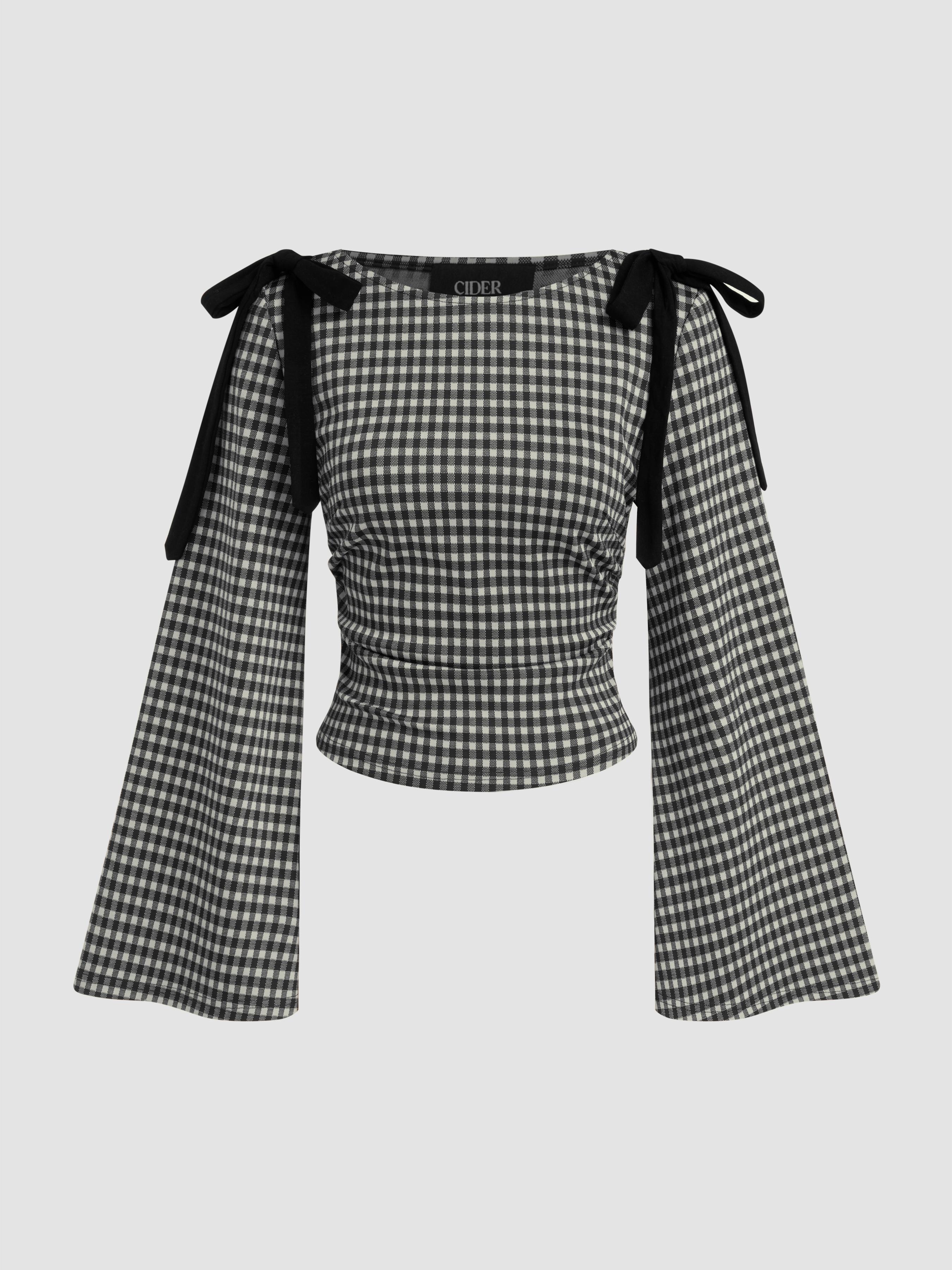 Boat Neck Gingham Bowknot Ruched Long Sleeve Top by CIDER