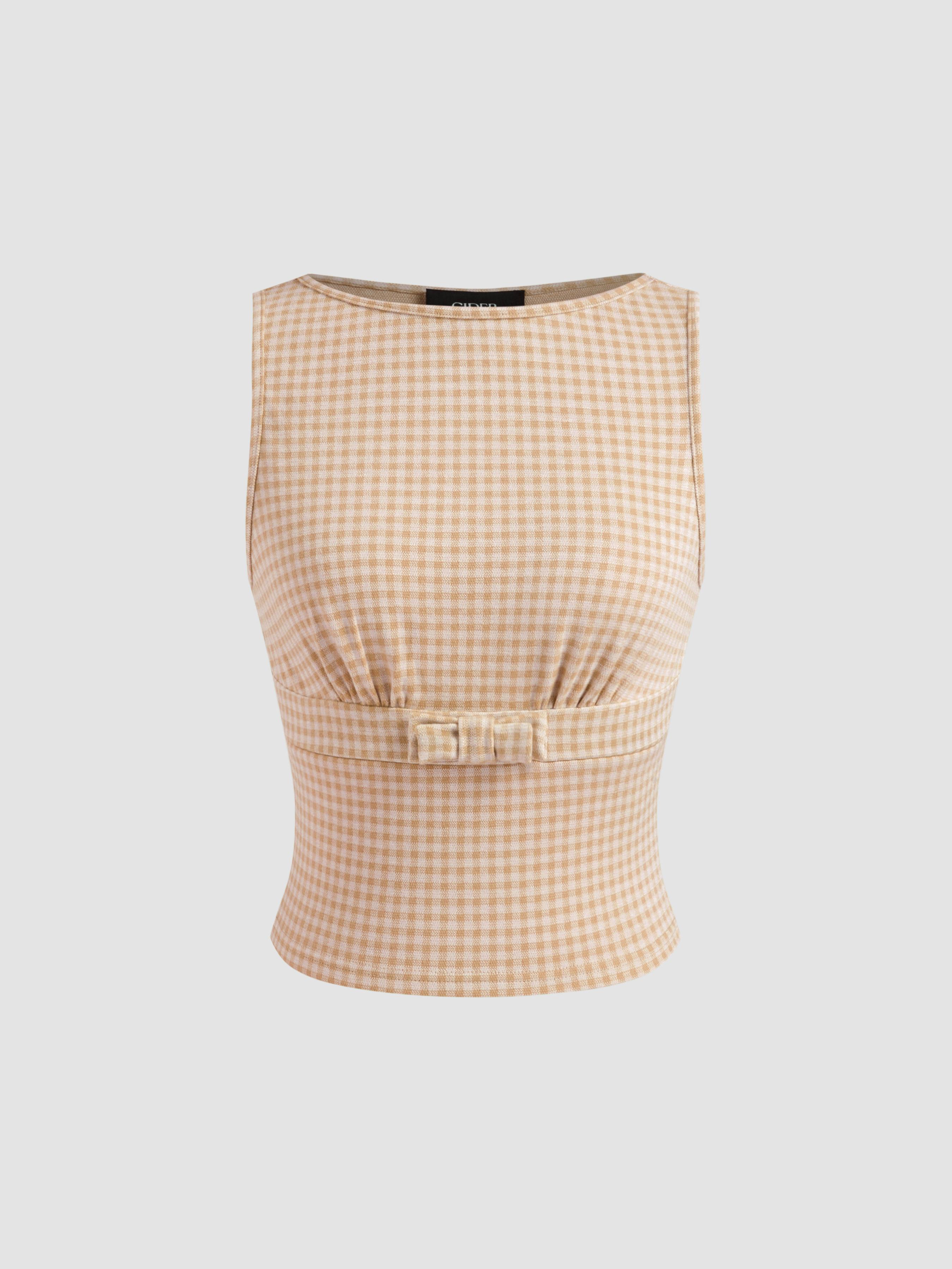Boat Neck Gingham Bowknot Tank Top by CIDER