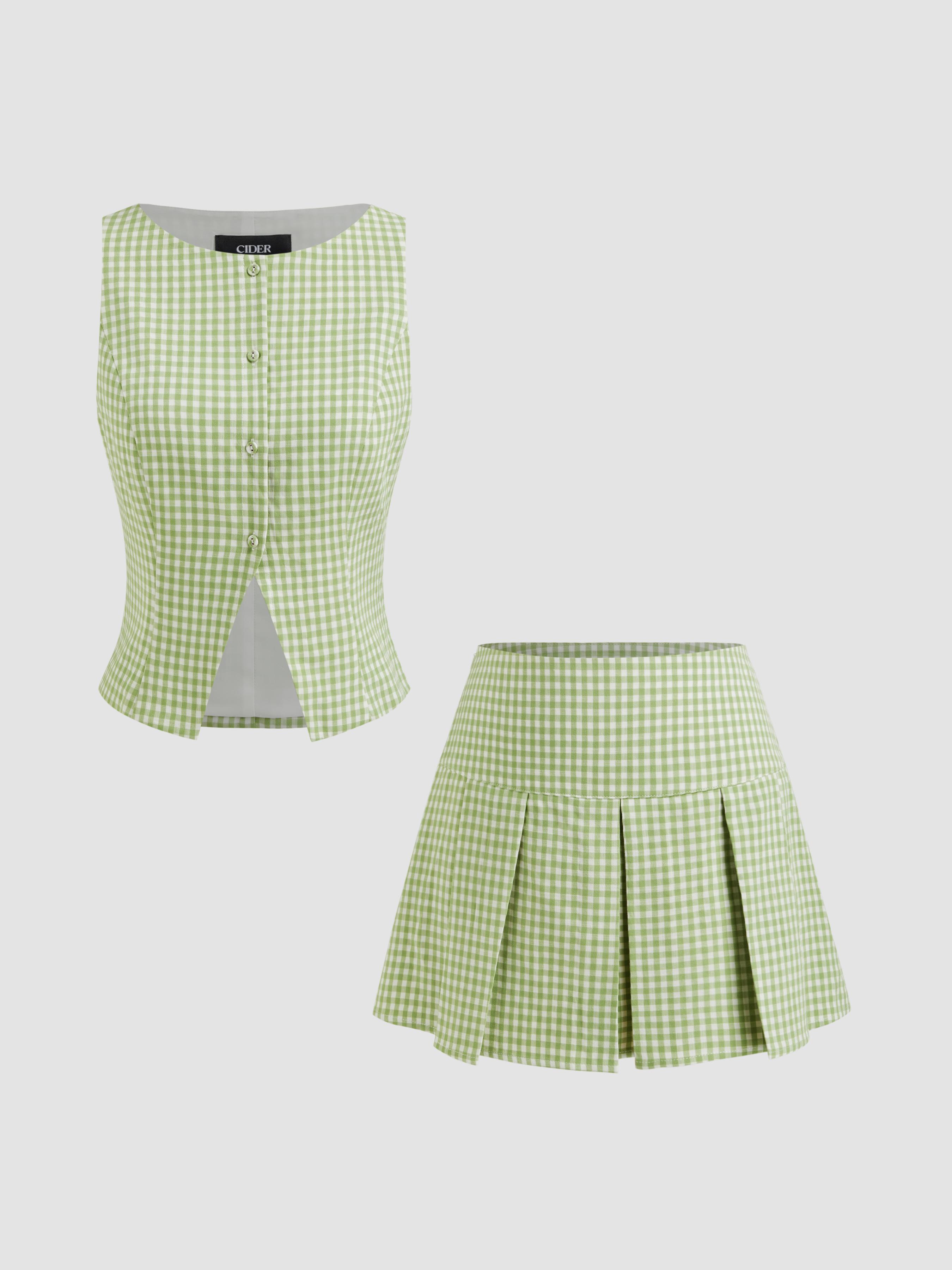 Boat Neck Gingham Button Up Tank Top & Mid Rise Pleated Mini Skirt Set by CIDER Boat Neck Gingham Button Up Tank Top & Mid Rise Pleated Mini Skirt Set by CIDER