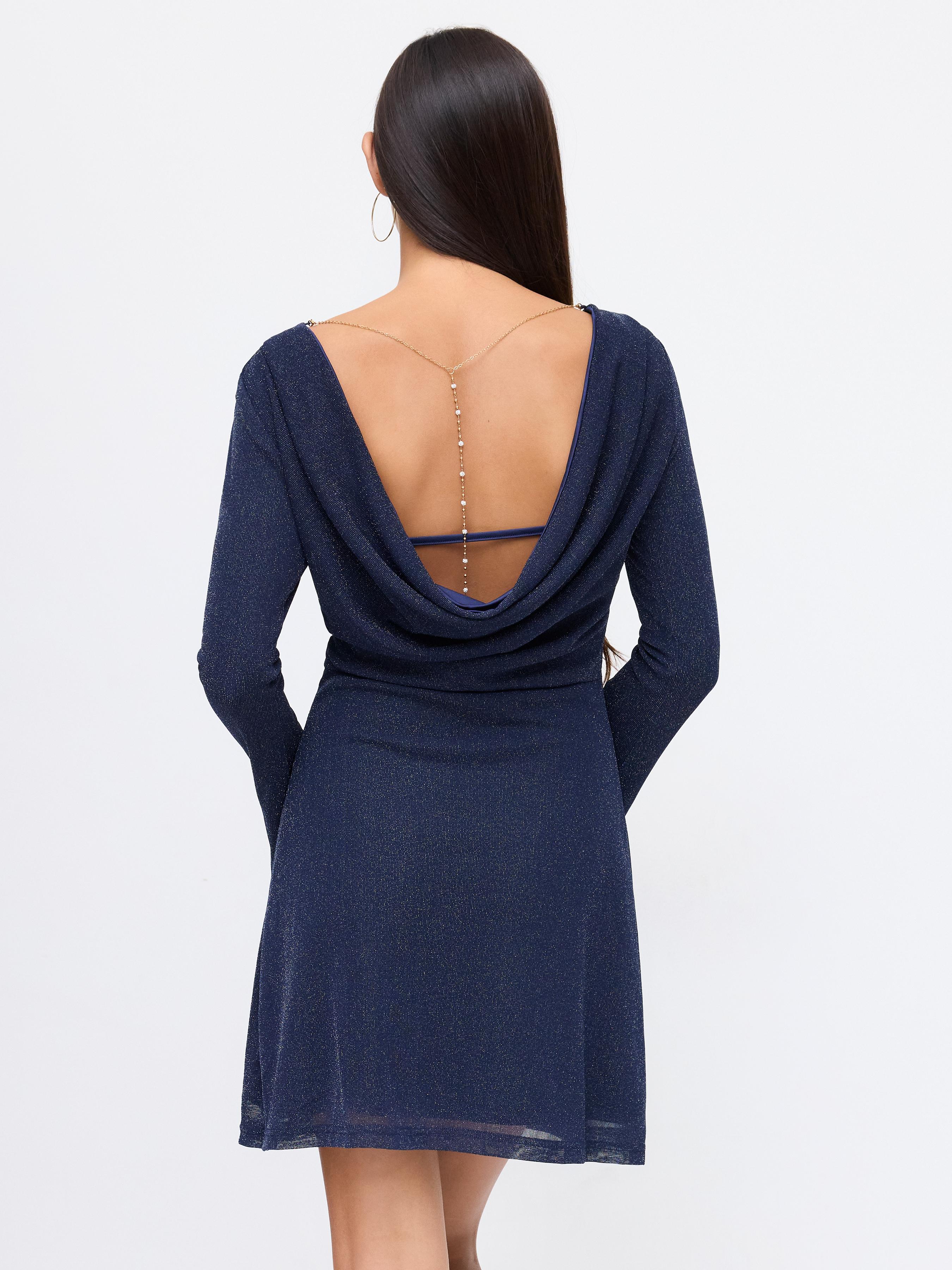 Boat Neck Glitter Backless Rhinestone Chain Detail Bell Sleeve Mini Dress by CIDER