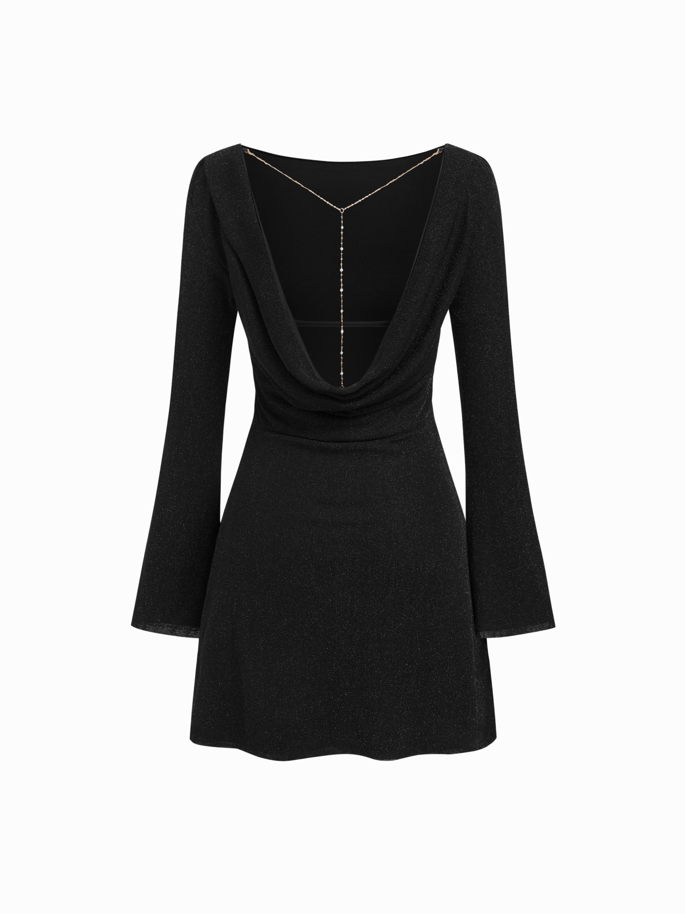 Boat Neck Glitter Backless Rhinestone Chain Detail Bell Sleeve Mini Dress by CIDER