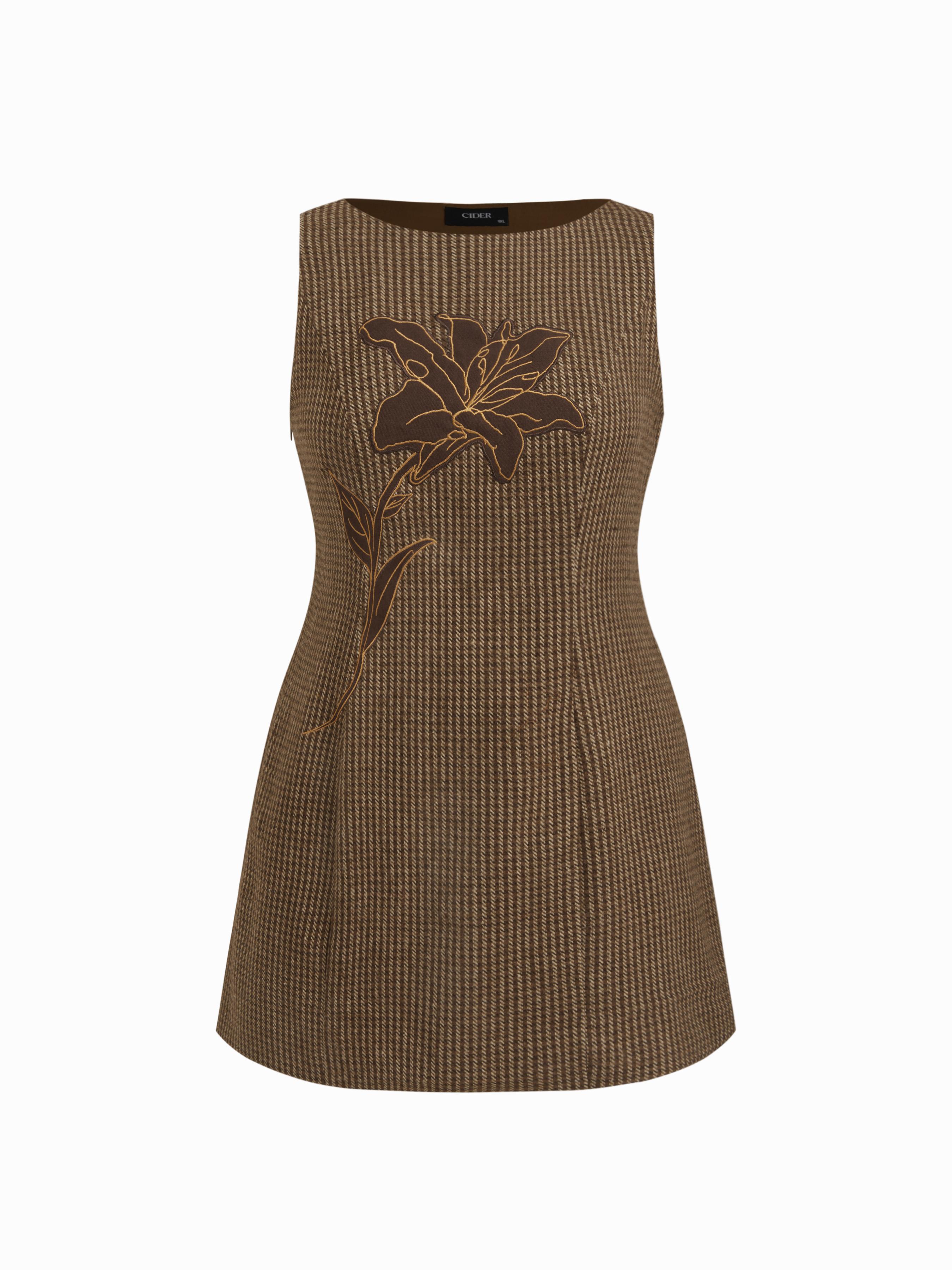Boat Neck Houndstooth Floral Applique Mini Dress Curve & Plus by CIDER