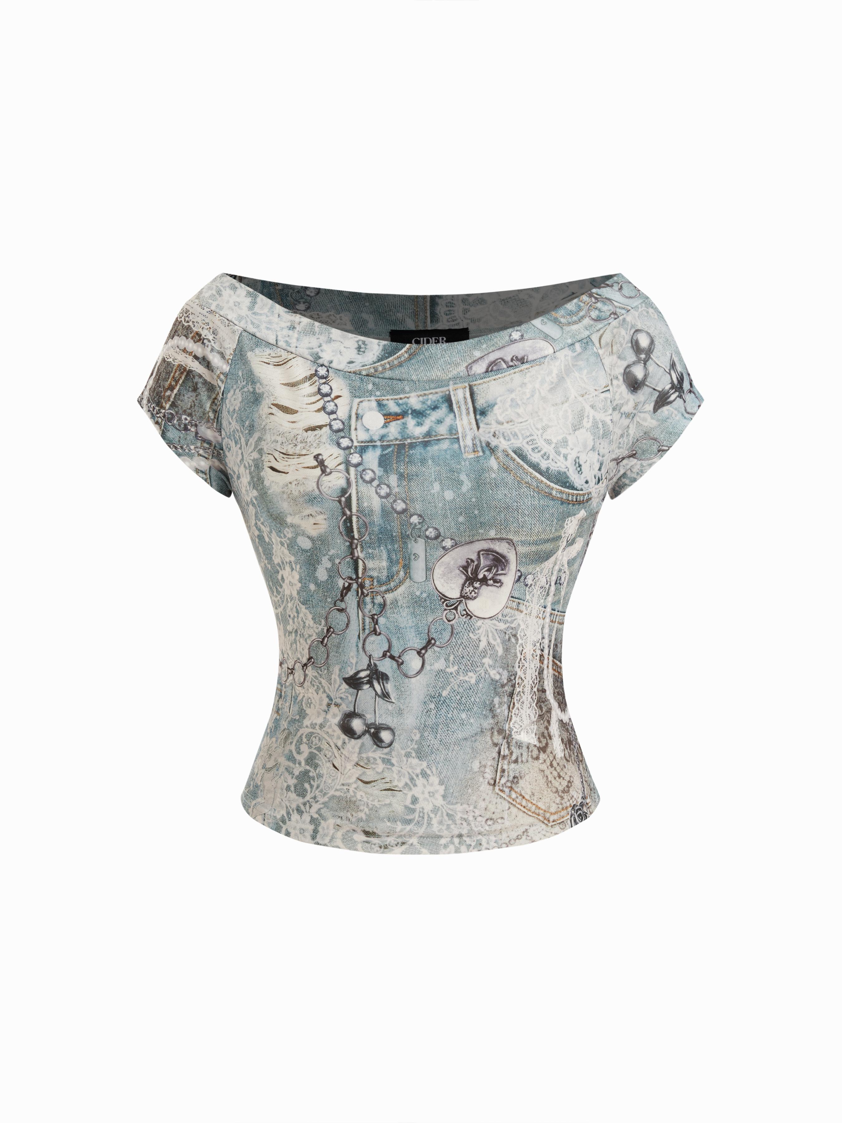 Boat Neck Lace Graphic Short Sleeve Cropped Top by CIDER