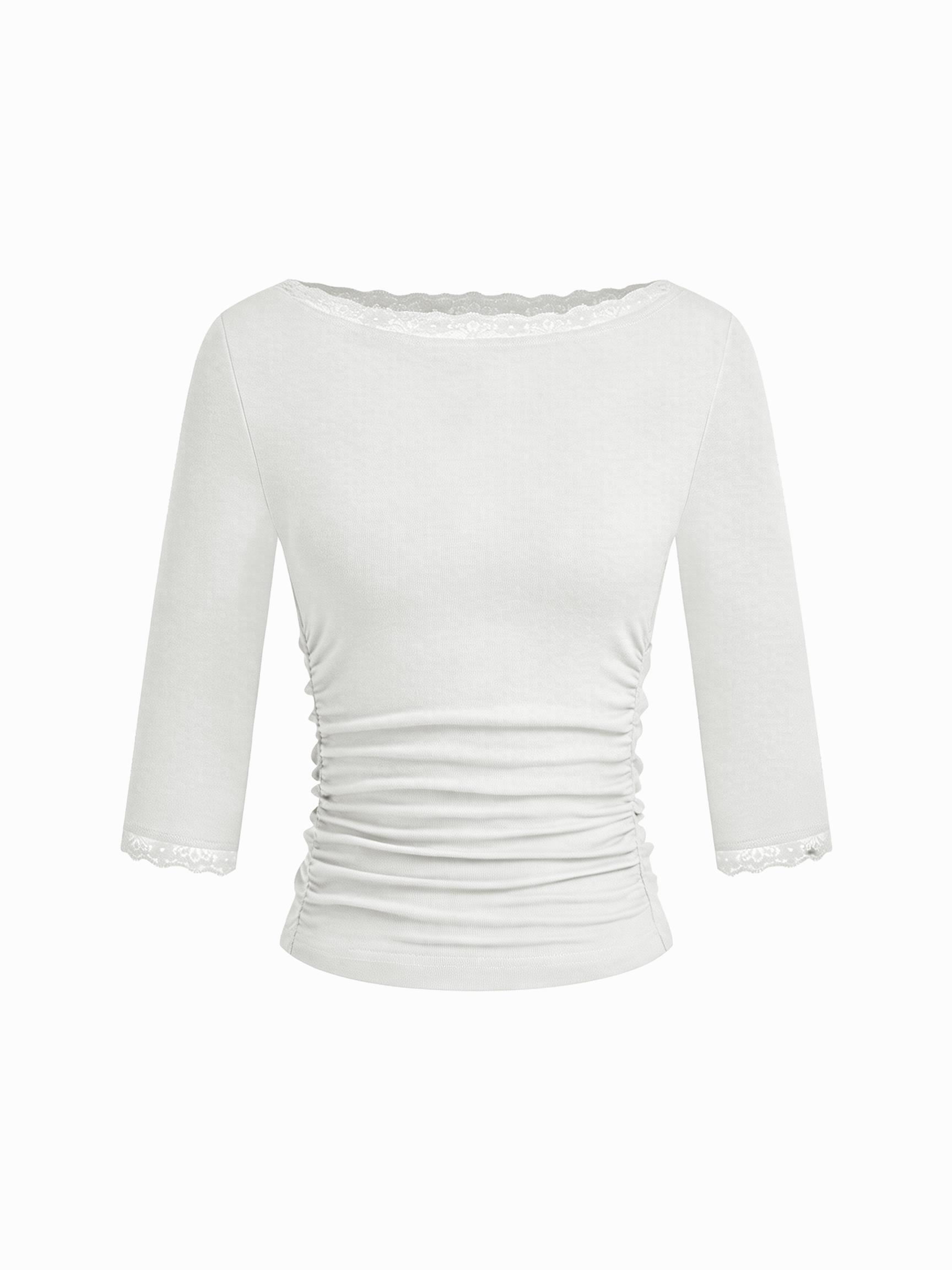 Boat Neck Lace Panel Ruched Mid Sleeve Tee by CIDER