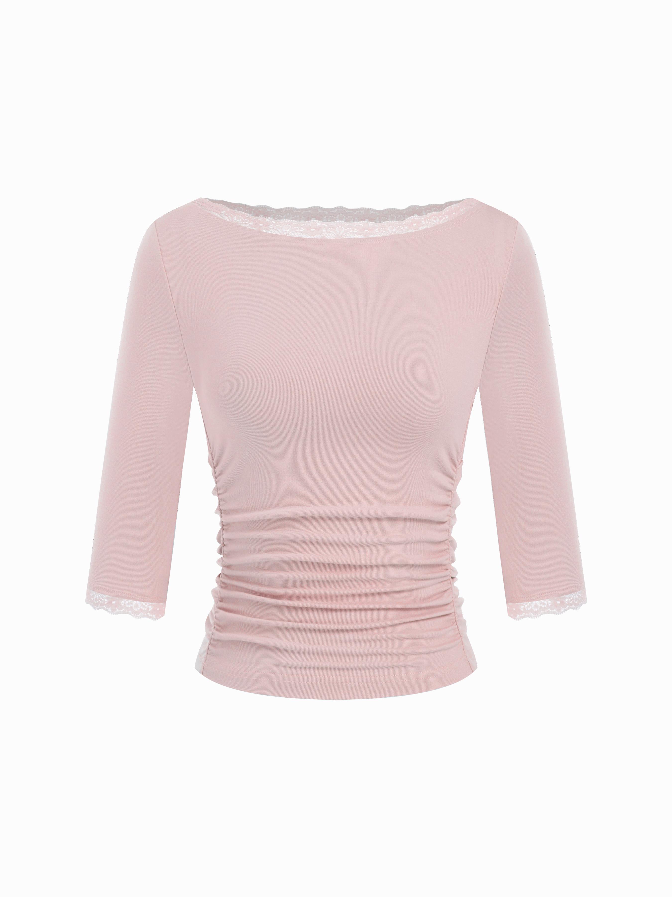 Boat Neck Lace Panel Ruched Mid Sleeve Tee by CIDER